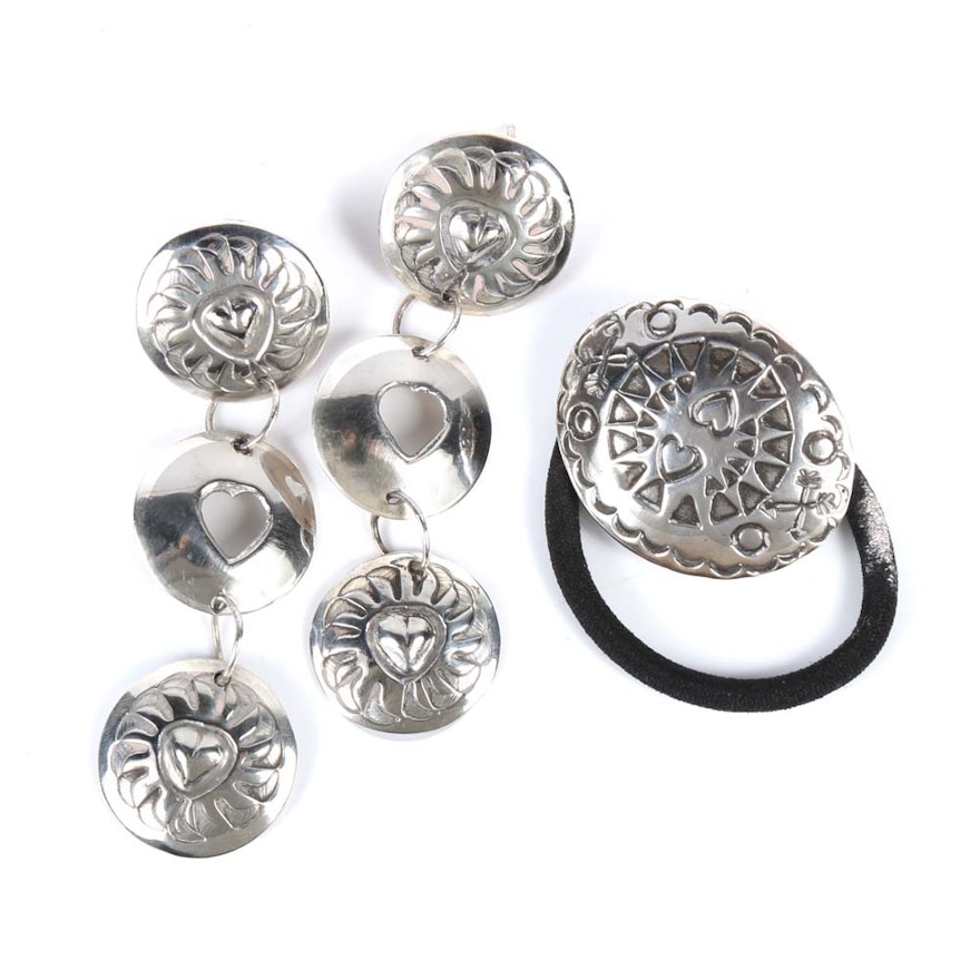 900 Silver Southwestern Style Dangle Earrings and Hair Tie