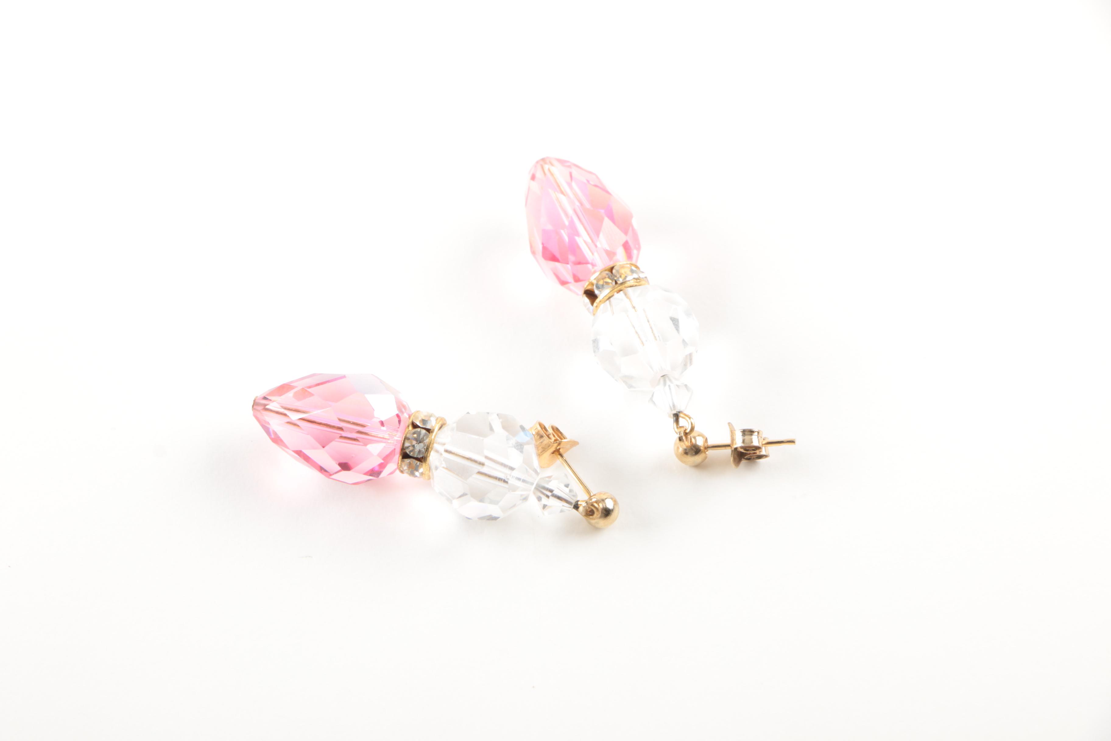 Silver and Gold Tone Imitation Pearl, Glass, and Foilback Earrings and Necklace