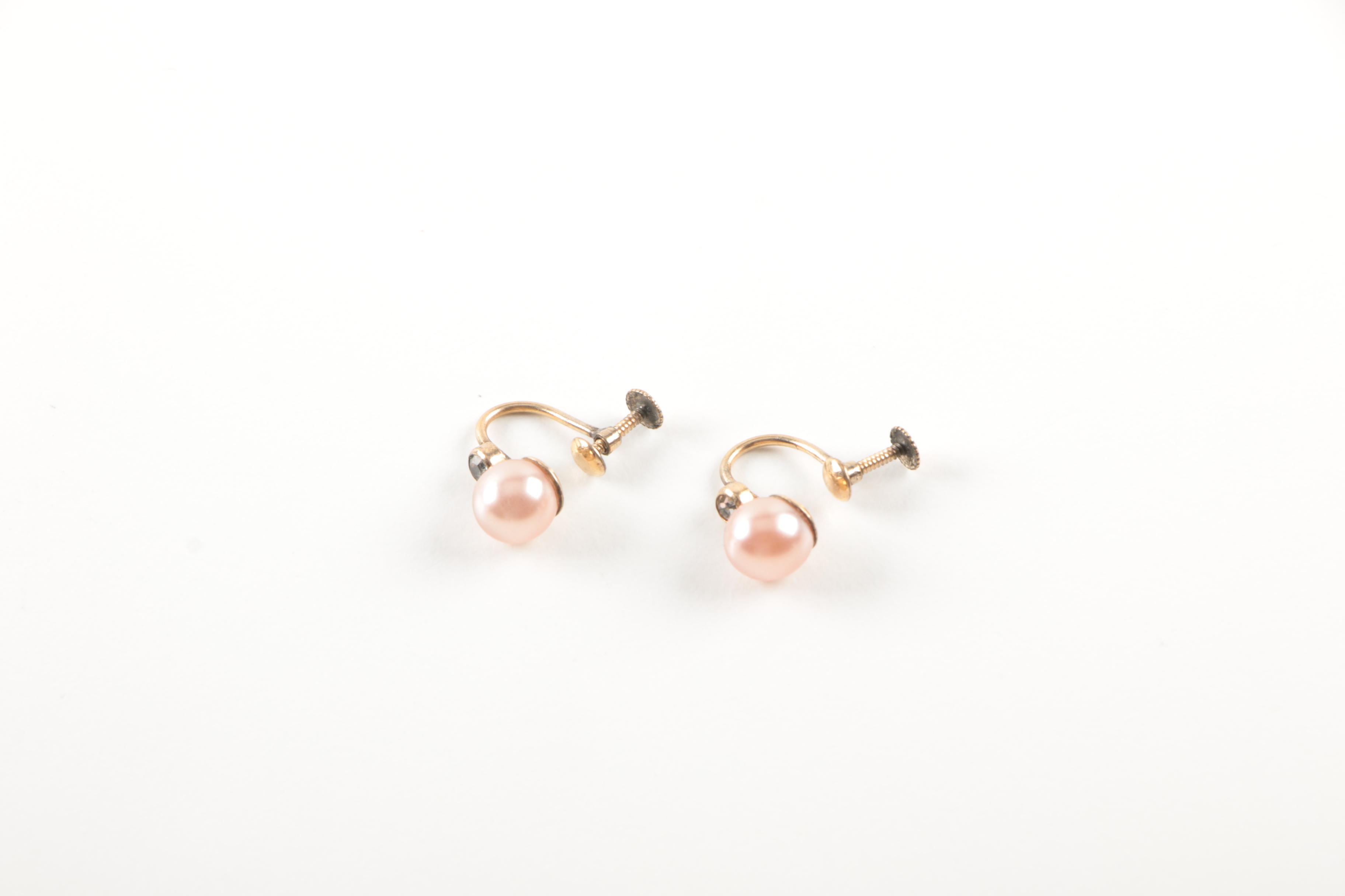 Silver and Gold Tone Imitation Pearl, Glass, and Foilback Earrings and Necklace