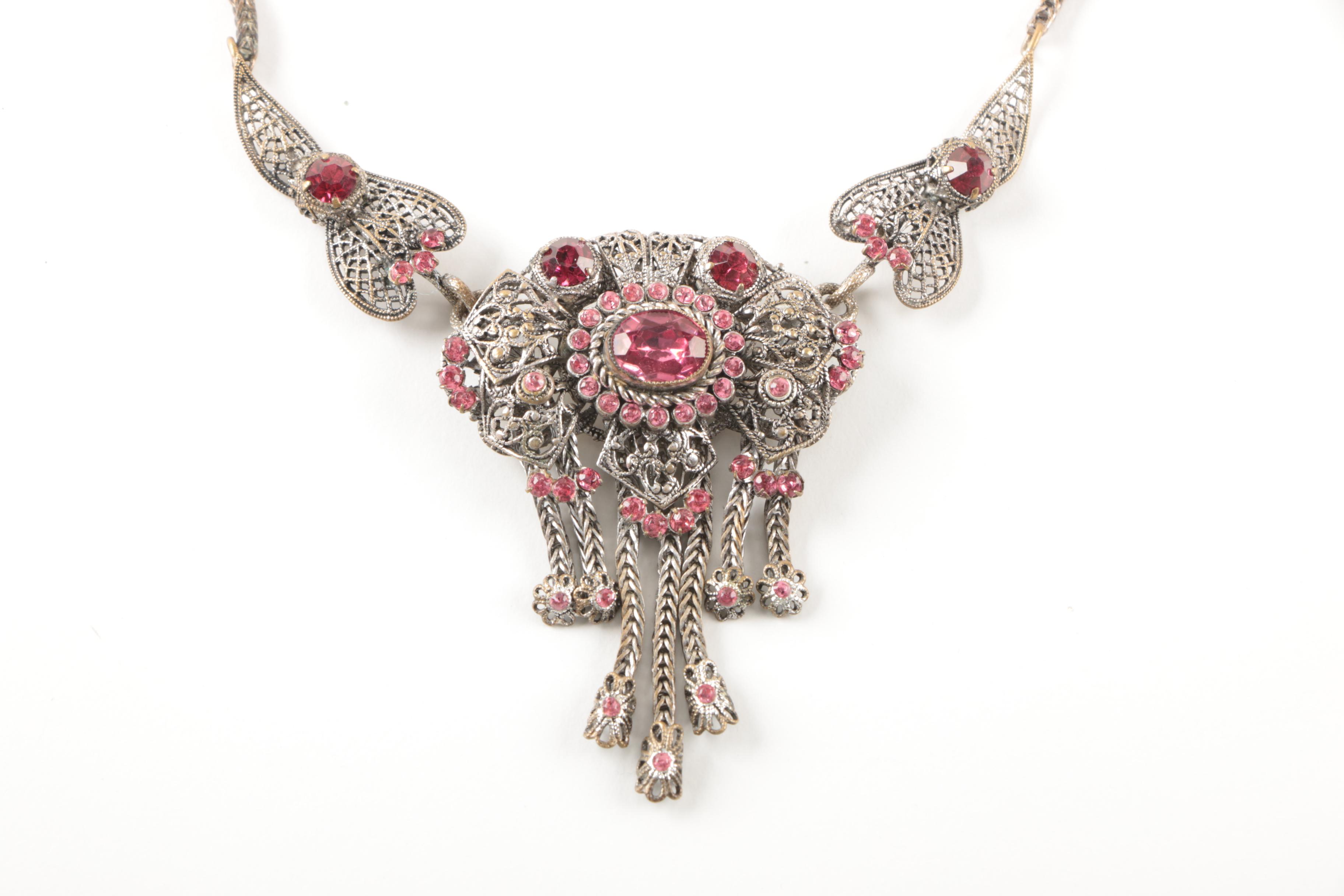 Silver and Gold Tone Imitation Pearl, Glass, and Foilback Earrings and Necklace