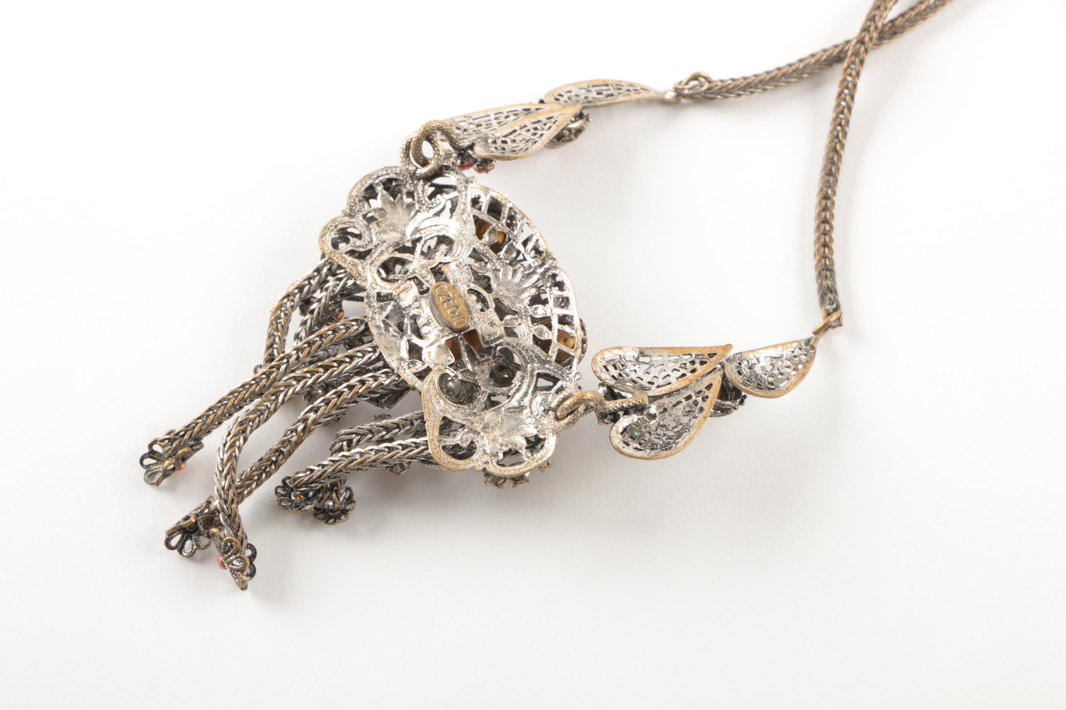 Silver and Gold Tone Imitation Pearl, Glass, and Foilback Earrings and Necklace