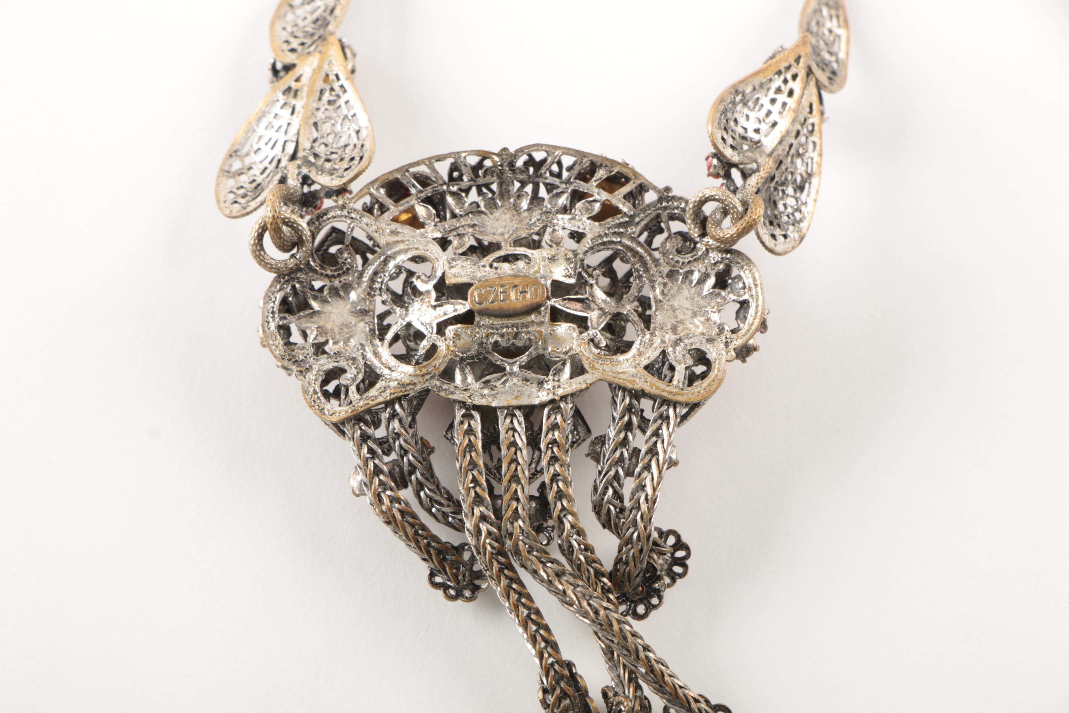 Silver and Gold Tone Imitation Pearl, Glass, and Foilback Earrings and Necklace