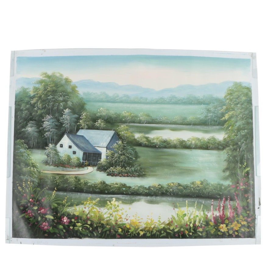 Oil on Canvas Landscape Painting of a House by Water