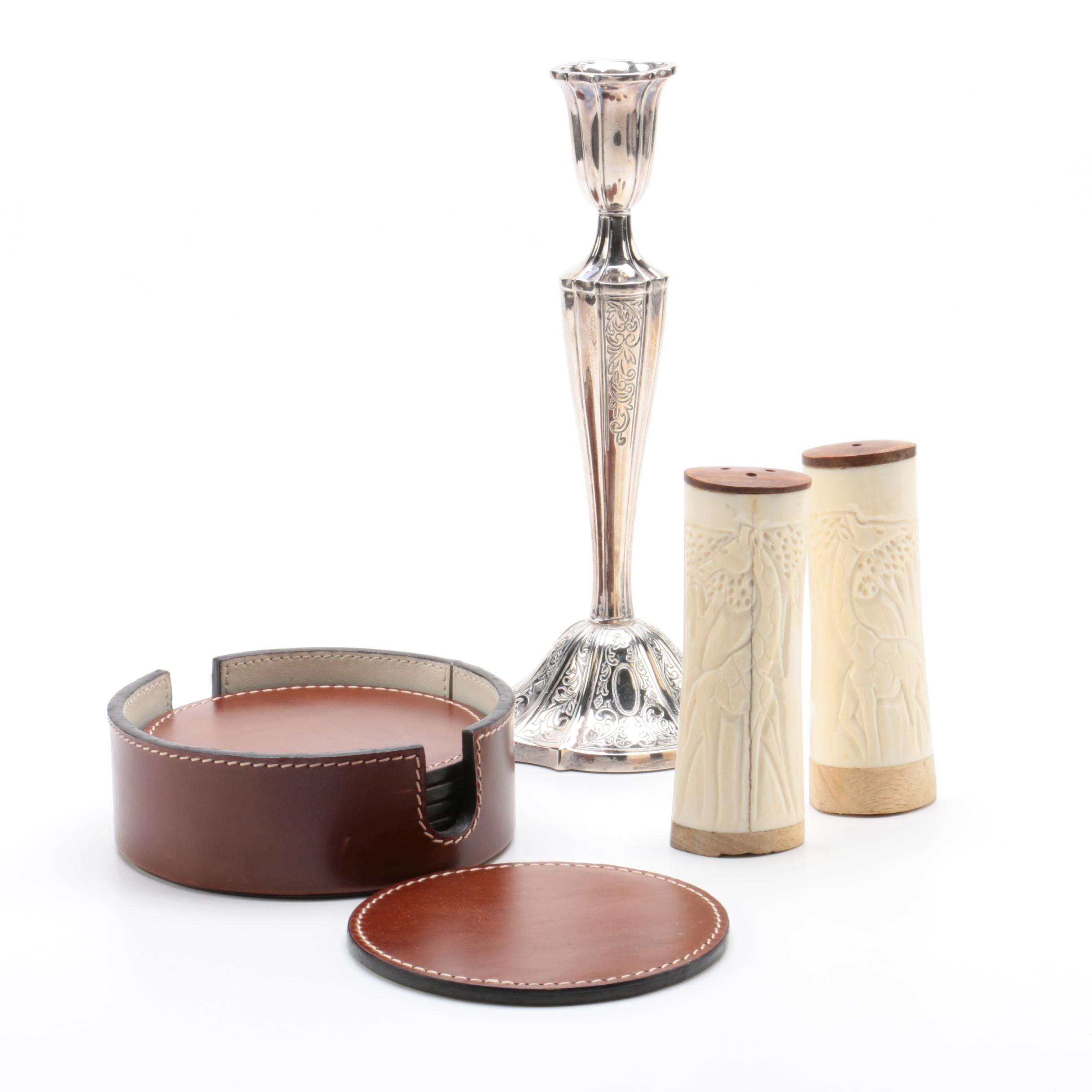 Silver Plate Candlesticks, Bone Salt and Pepper Shakers and More