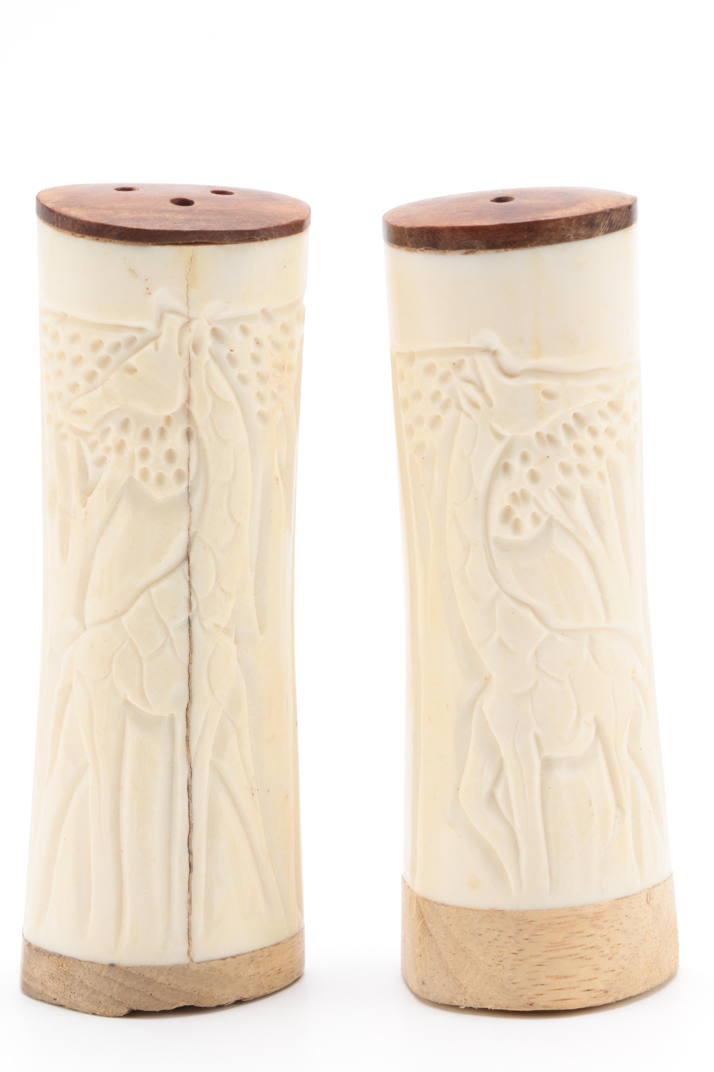 Silver Plate Candlesticks, Bone Salt and Pepper Shakers and More