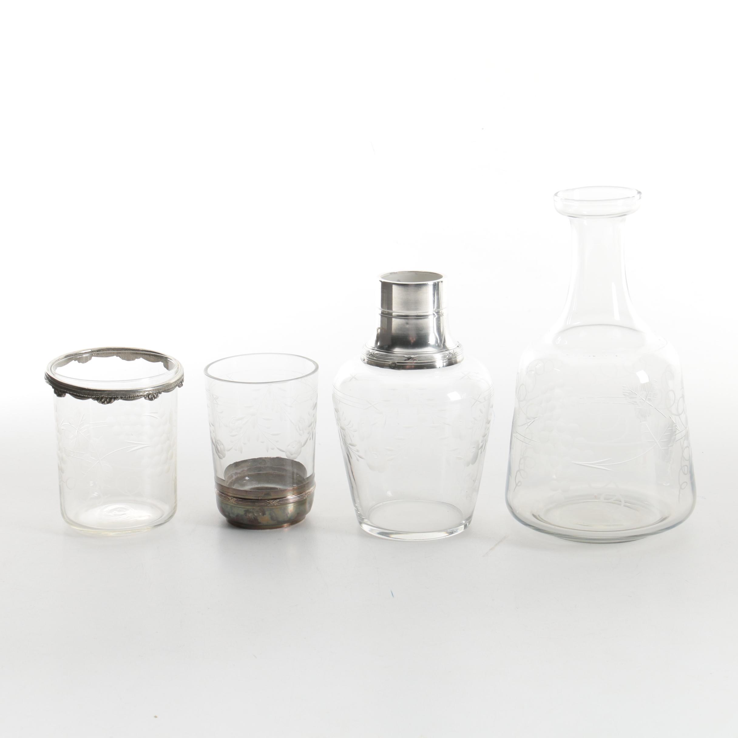 French 800 Silver Accented Glass Carafe Set with Additional Glass Carafe and Cup