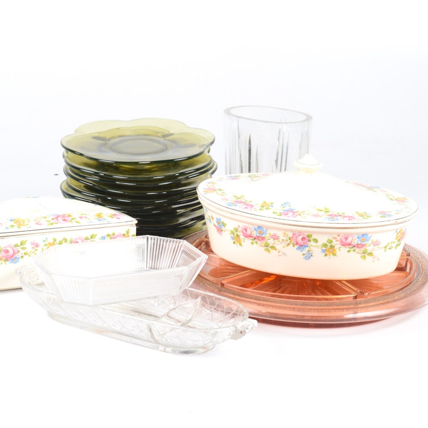 Depression Glass with Assorted Glass and Ceramic Dinnerware