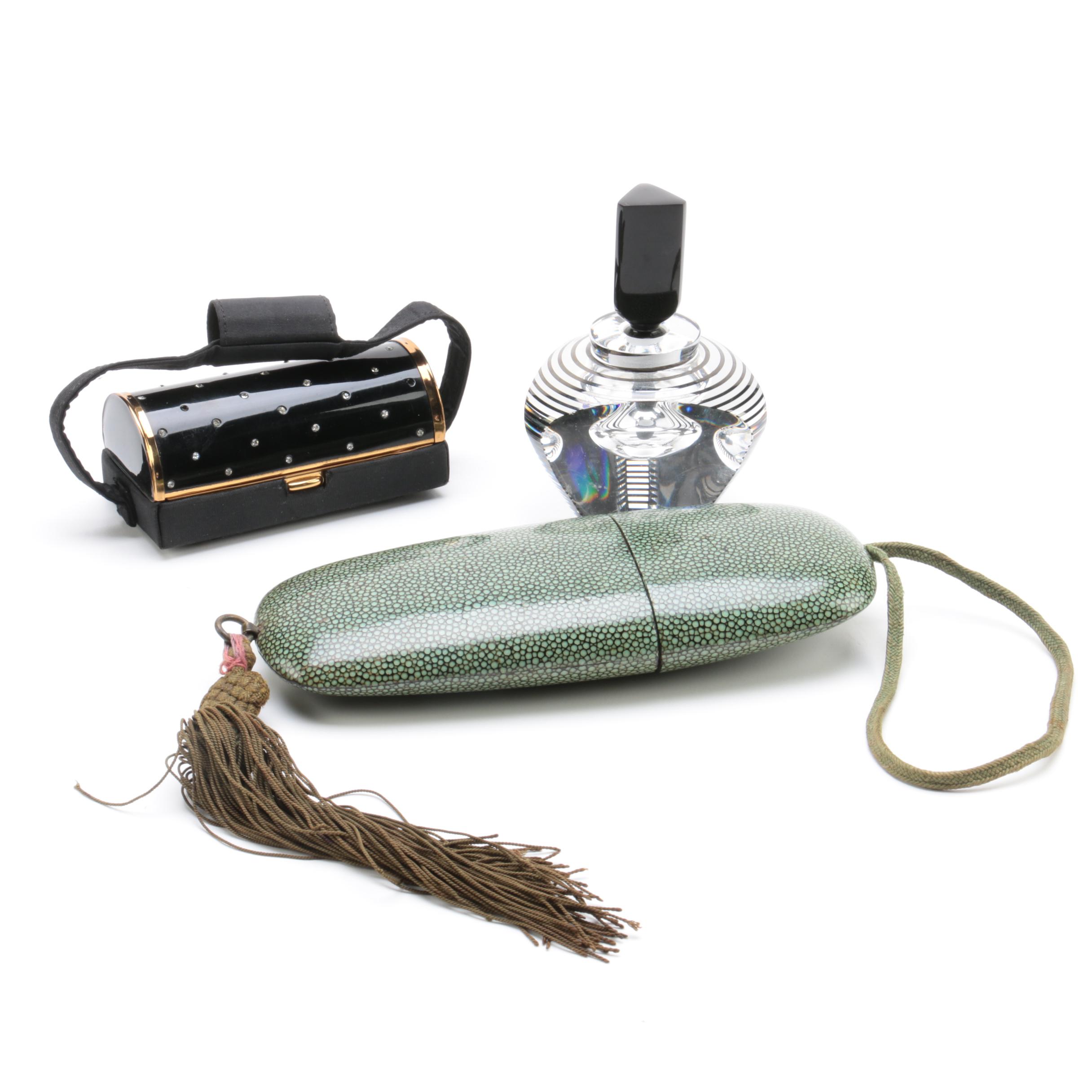 Vanity Accessories Including Shagreen Case and Correia Crystal Perfume Bottle