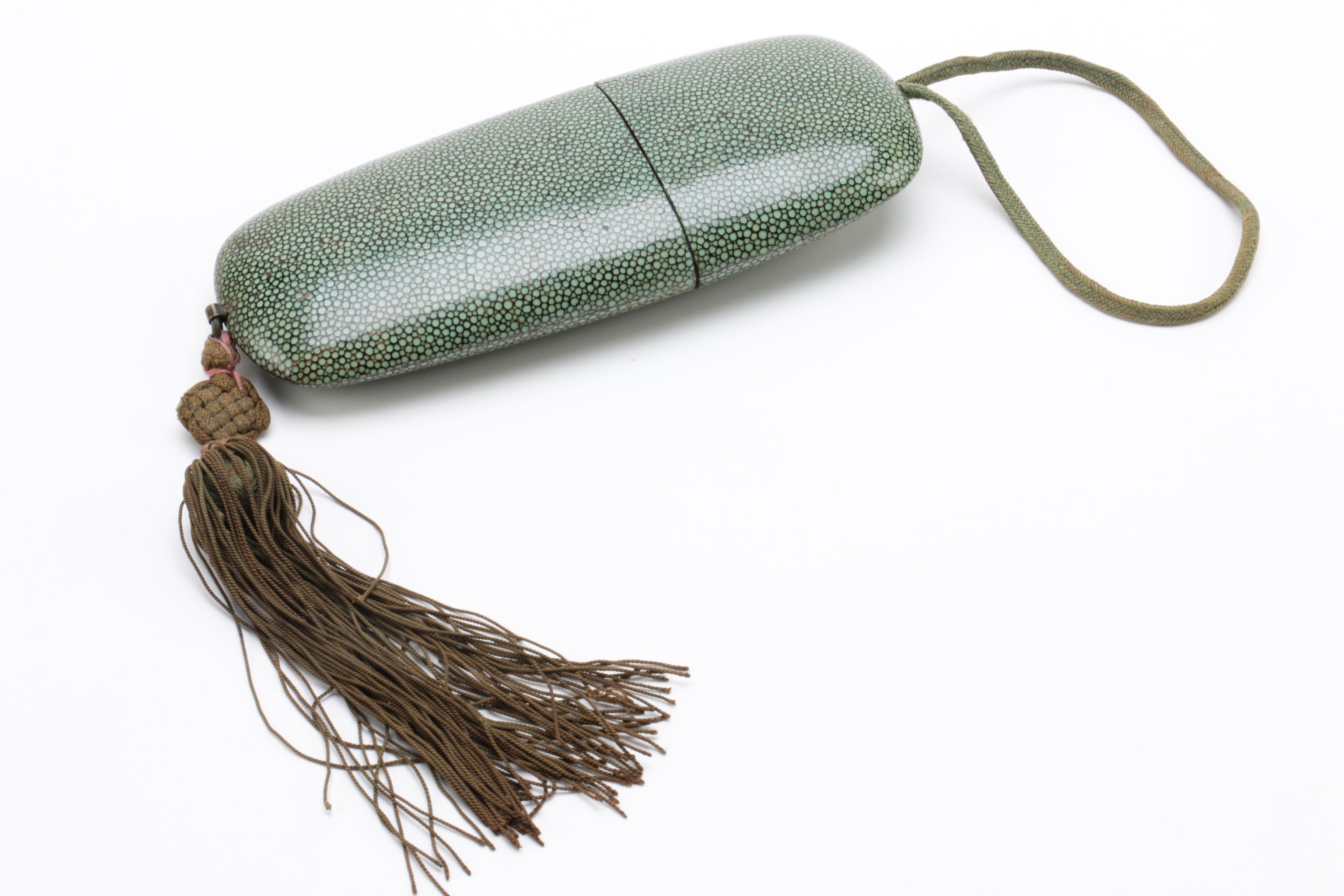 Vanity Accessories Including Shagreen Case and Correia Crystal Perfume Bottle