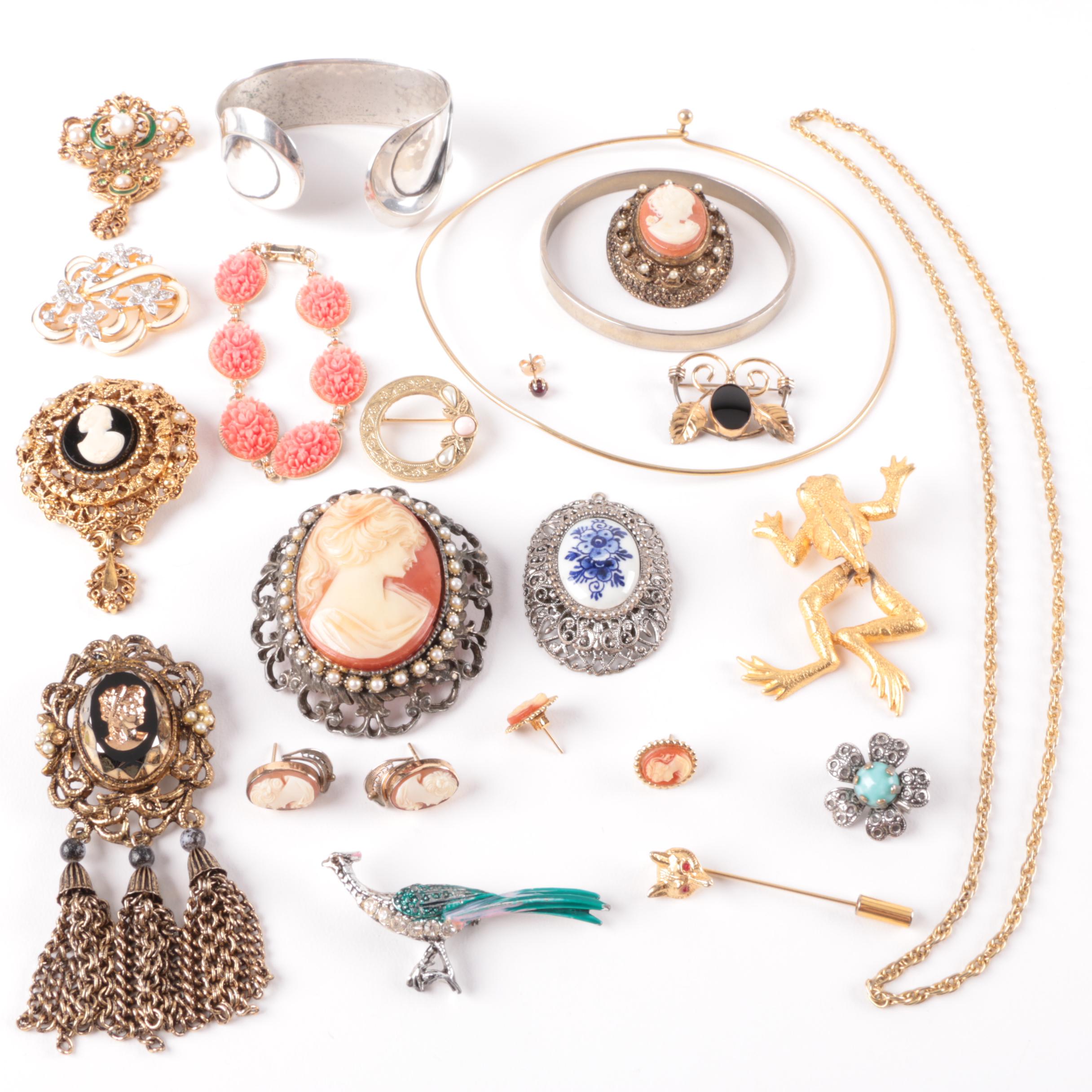 Assortment of Gold and Silver Tone Shell Cameo, Glass and Foilback Jewelry