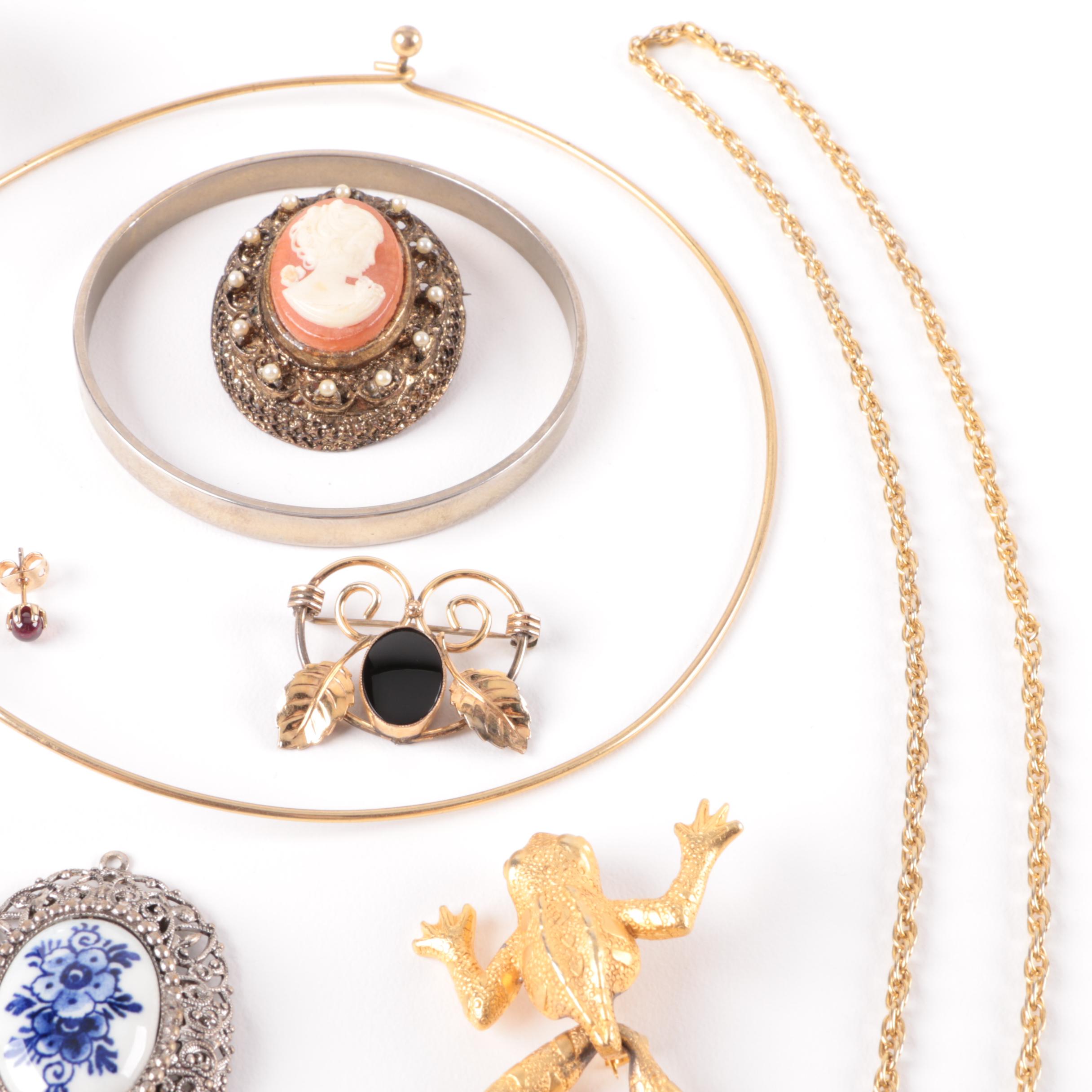 Assortment of Gold and Silver Tone Shell Cameo, Glass and Foilback Jewelry
