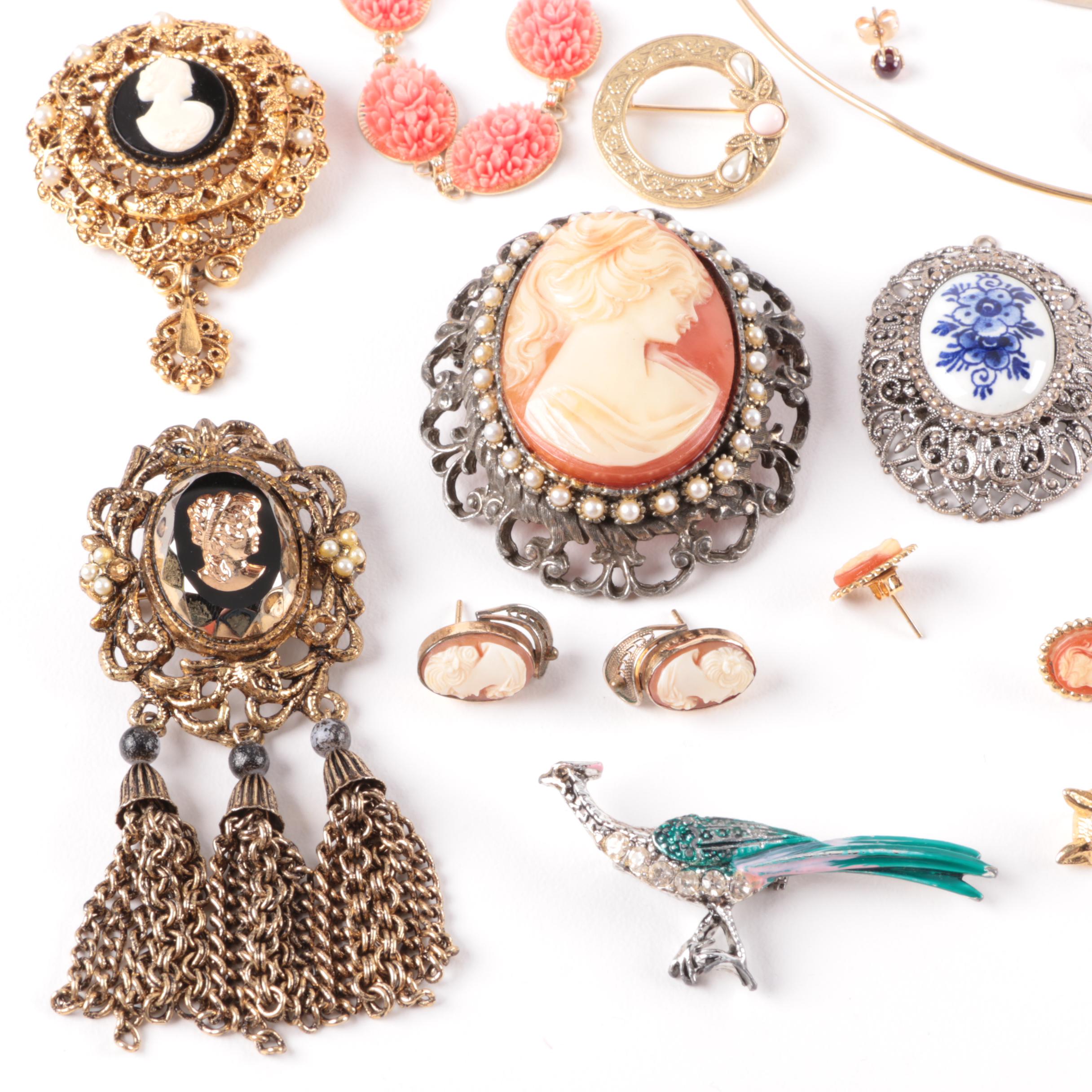Assortment of Gold and Silver Tone Shell Cameo, Glass and Foilback Jewelry