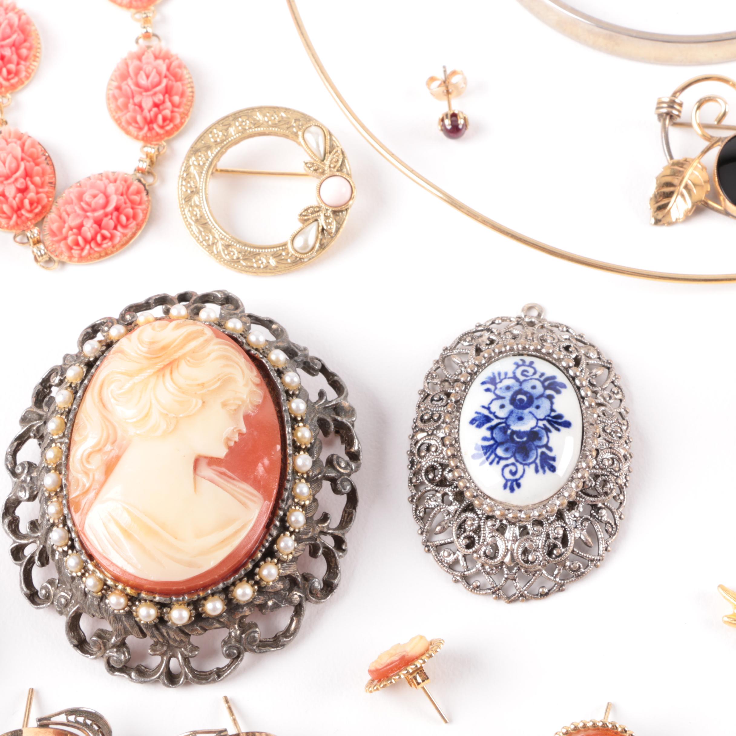 Assortment of Gold and Silver Tone Shell Cameo, Glass and Foilback Jewelry
