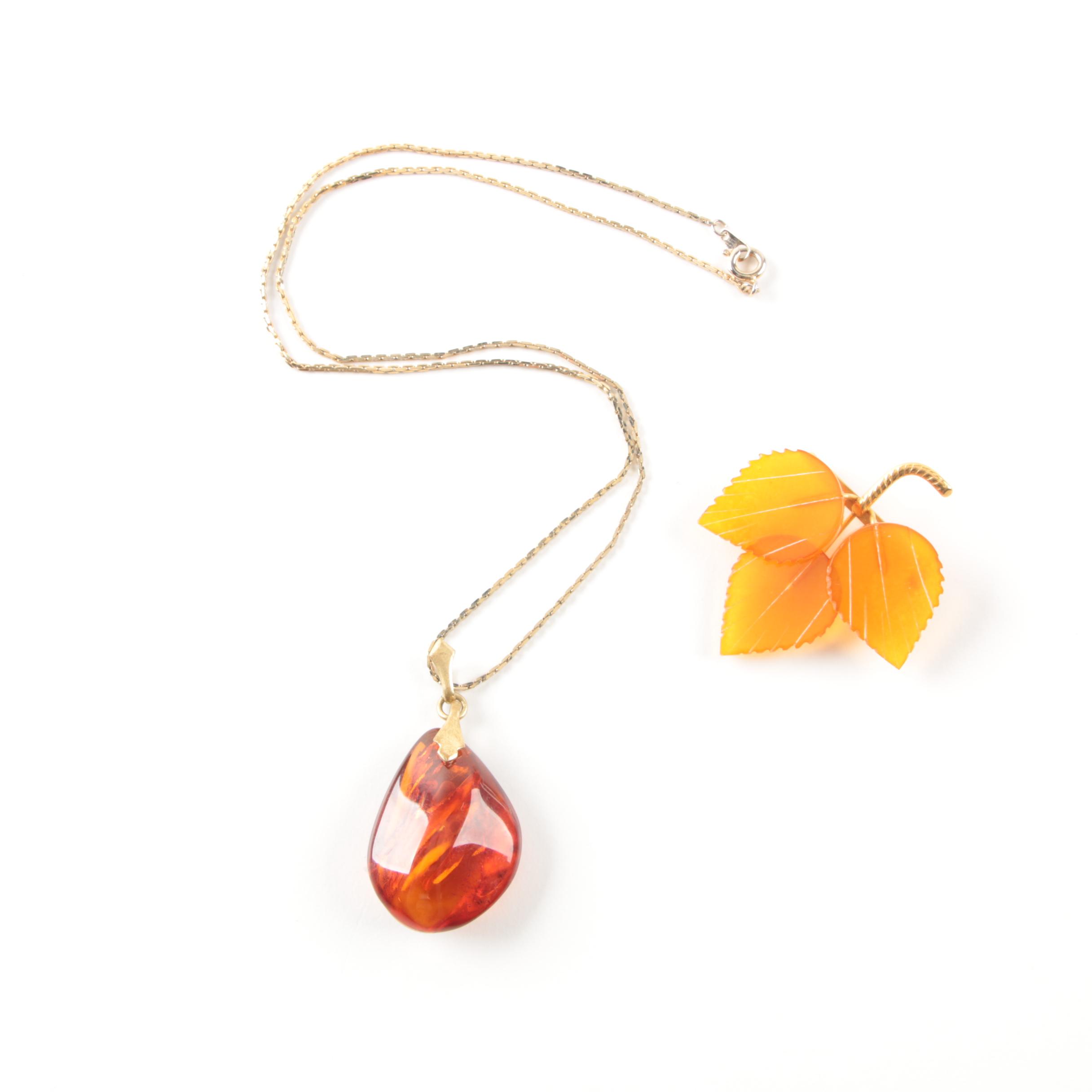 Gold Tone Amber Brooch and Pendant Necklace