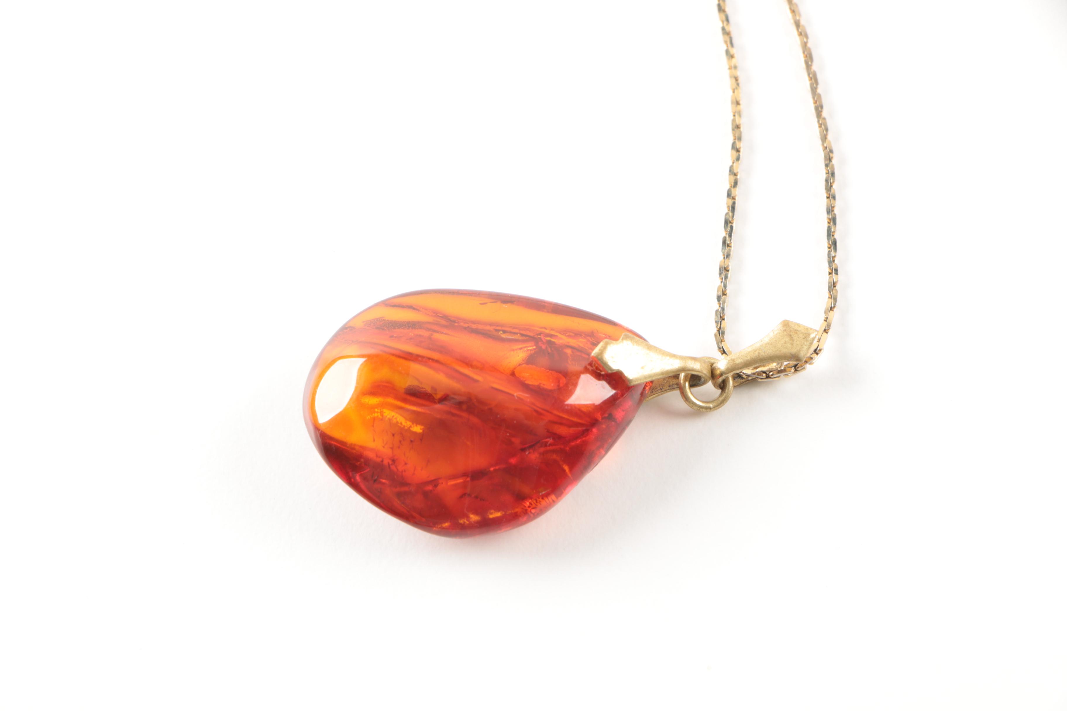 Gold Tone Amber Brooch and Pendant Necklace