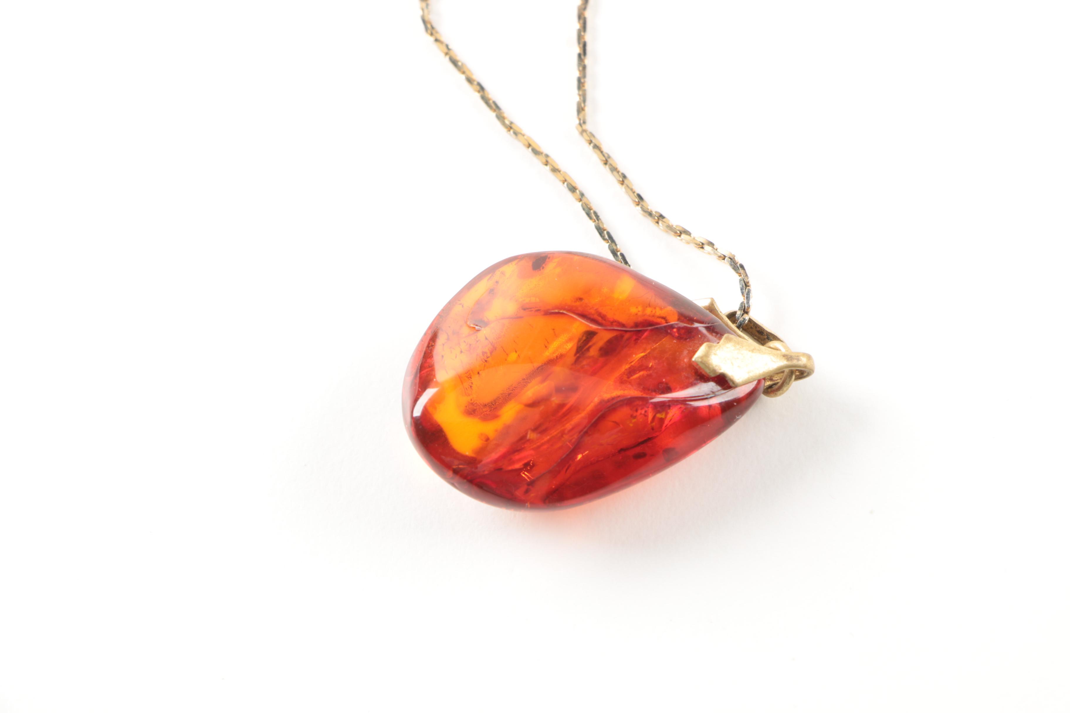 Gold Tone Amber Brooch and Pendant Necklace