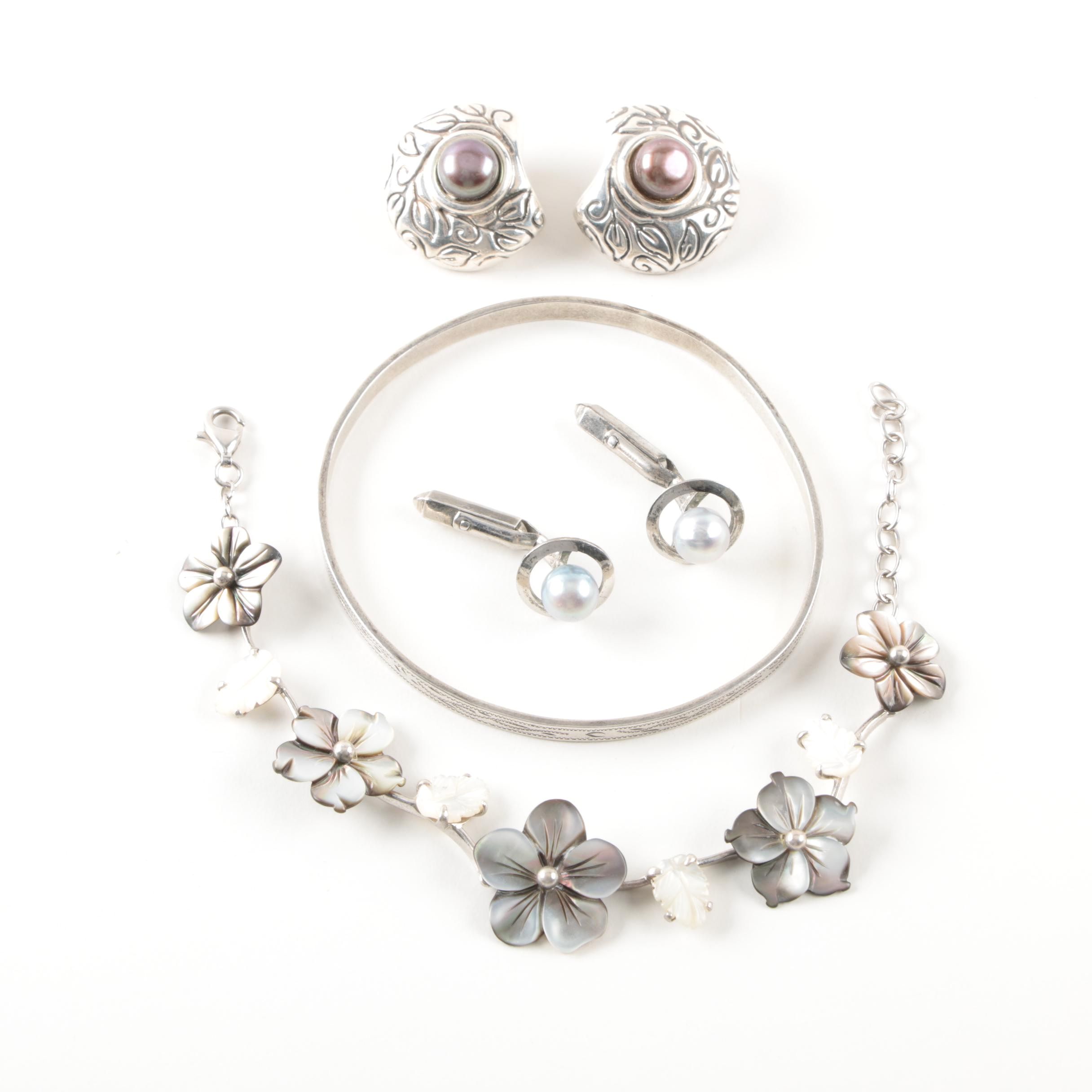 Sterling Silver Jewelry With Cultured Pearl, White and Black Mother of Pearl