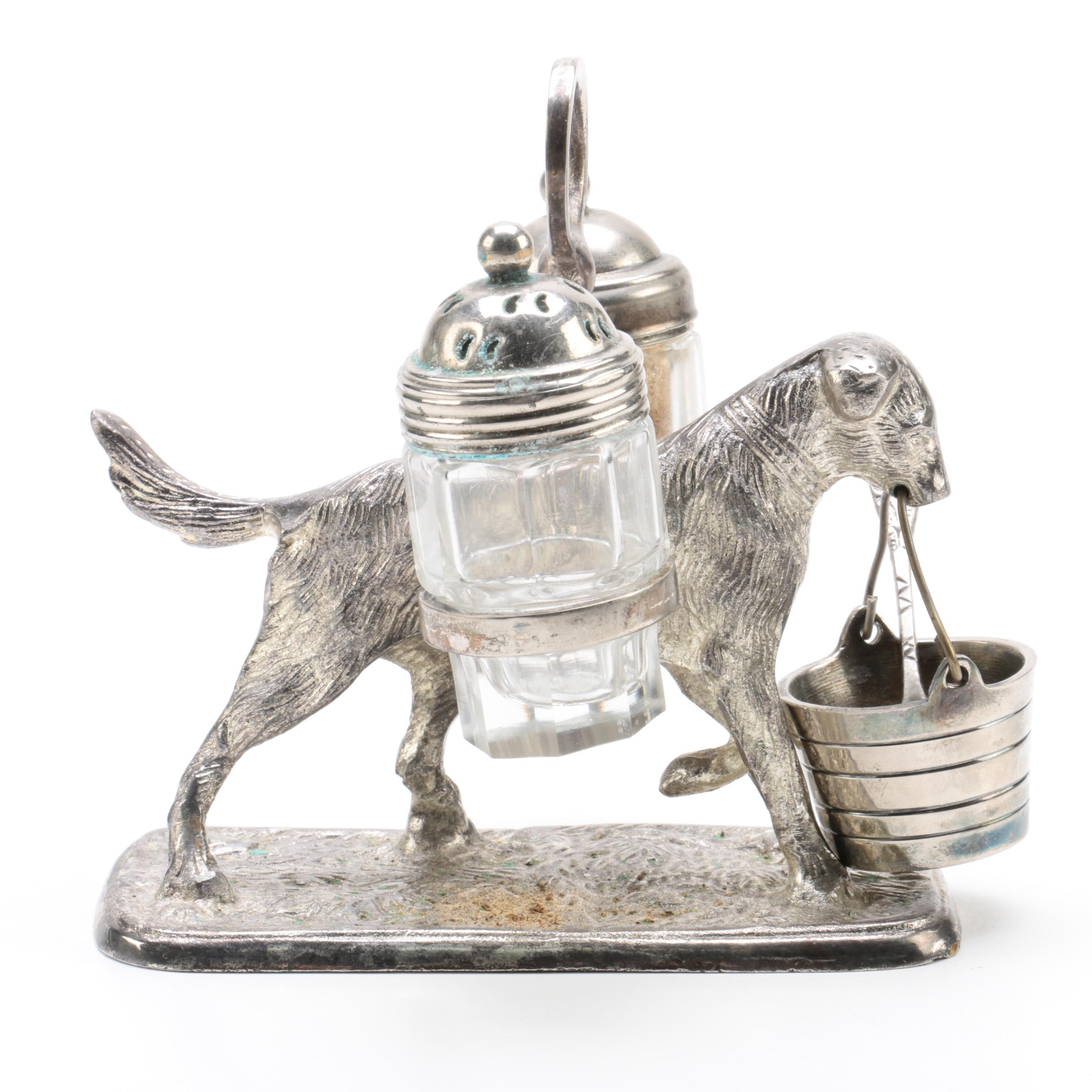 Vintage Dog and Pail Themed Silver Plate and Glass Condiment Stand
