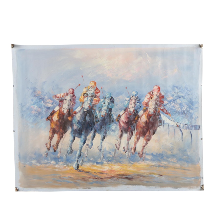 Oil on Canvas Painting of a Horse Race in the style of A. Vecchio