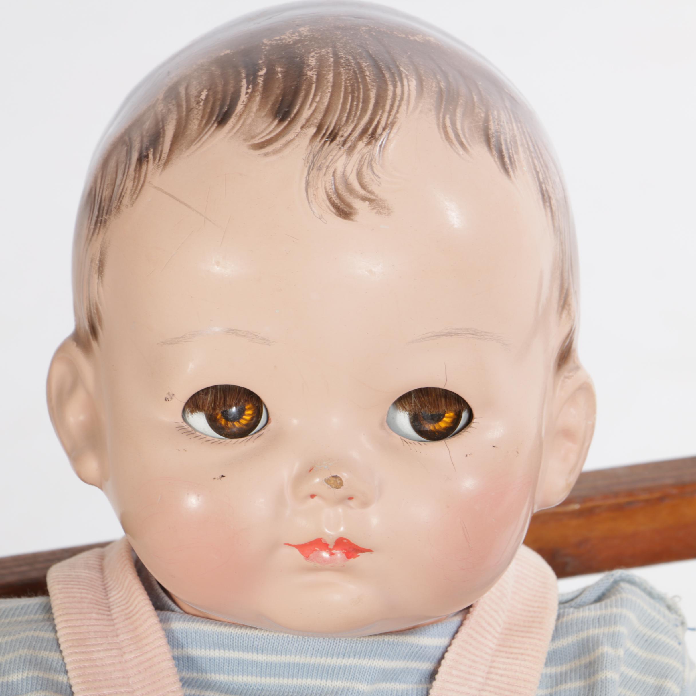 Circa 1950s Composition Baby Dolls with Wooden Toy Crib