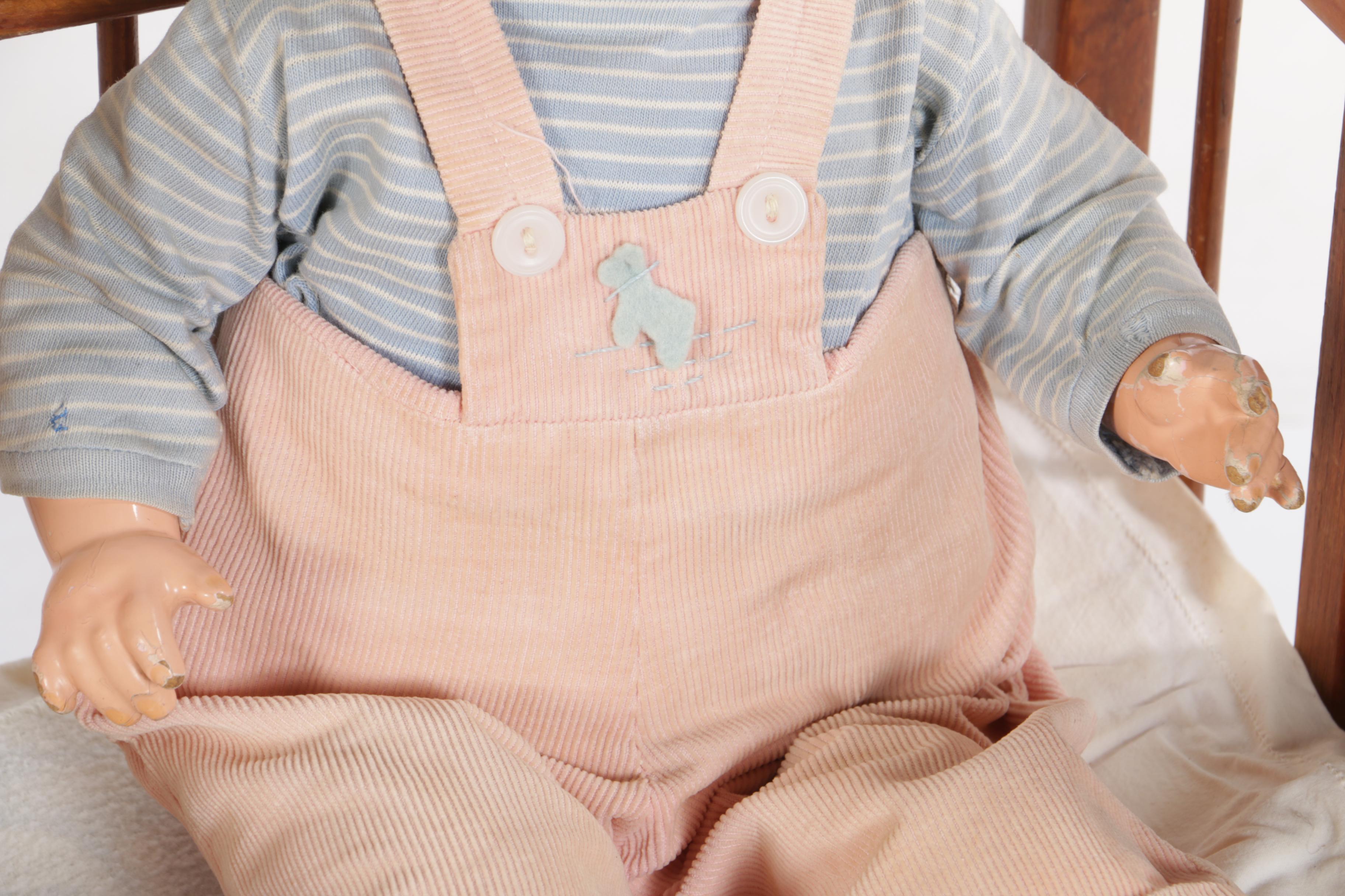 Circa 1950s Composition Baby Dolls with Wooden Toy Crib