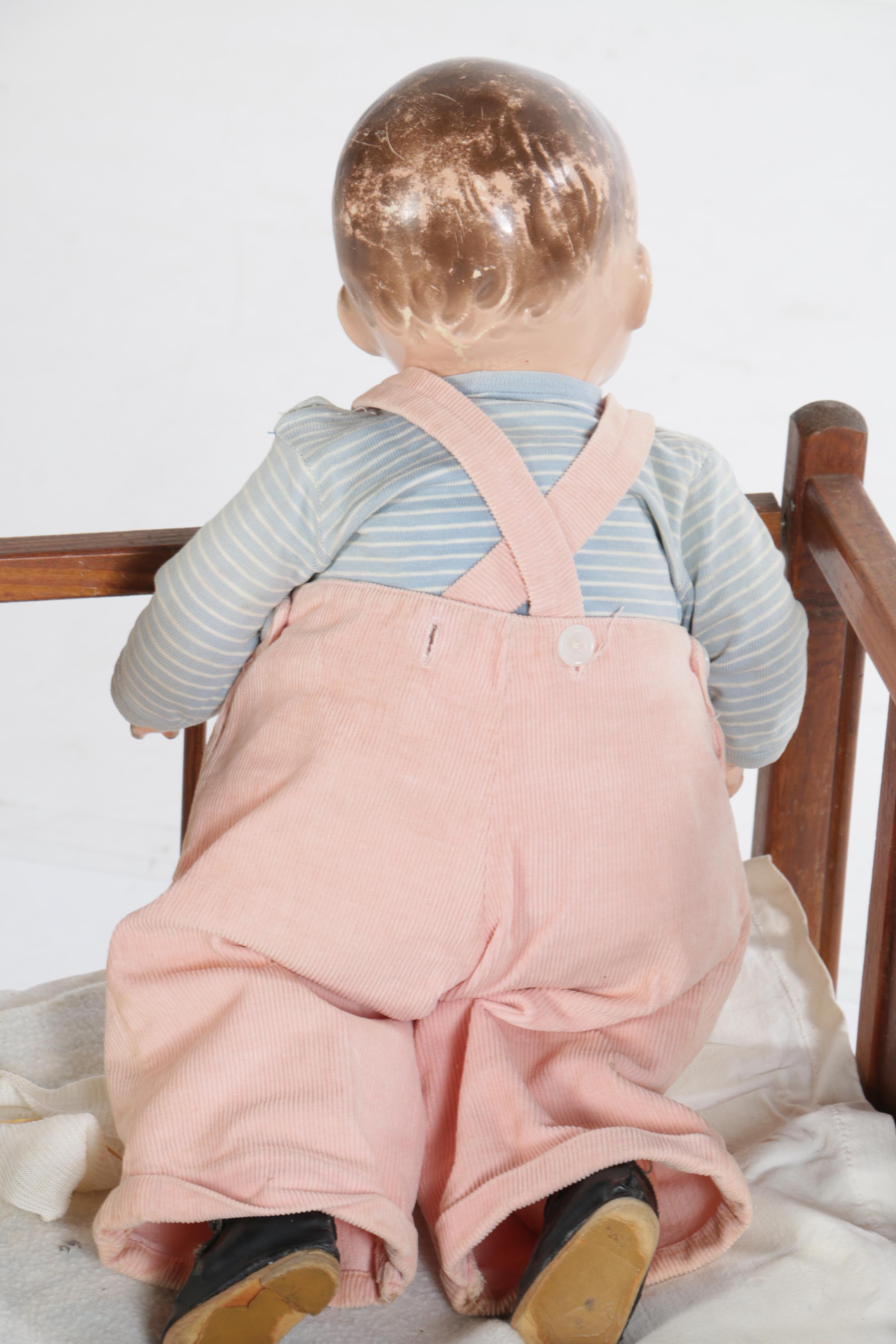 Circa 1950s Composition Baby Dolls with Wooden Toy Crib