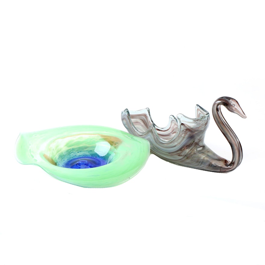 Swan Motif and Abstract Art Glass Bowls