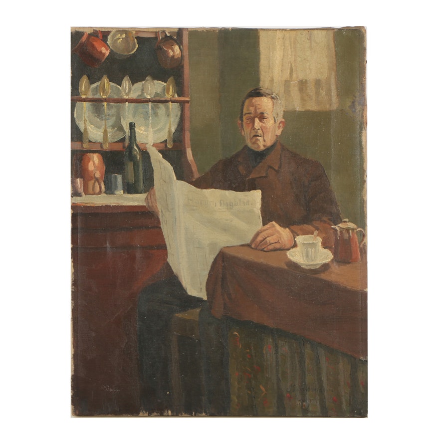 Björkmann Mid Century Oil Portrait of Man Reading Newspaper