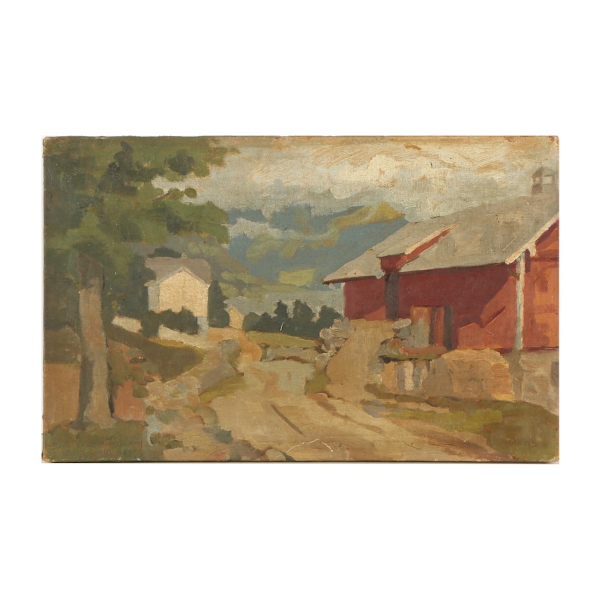 Early 20th Century Oil Painting of Farm Landscape