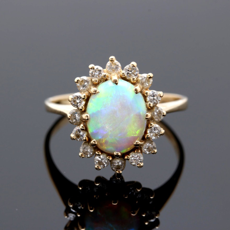 14k Yellow Gold Opal and Diamond Ring