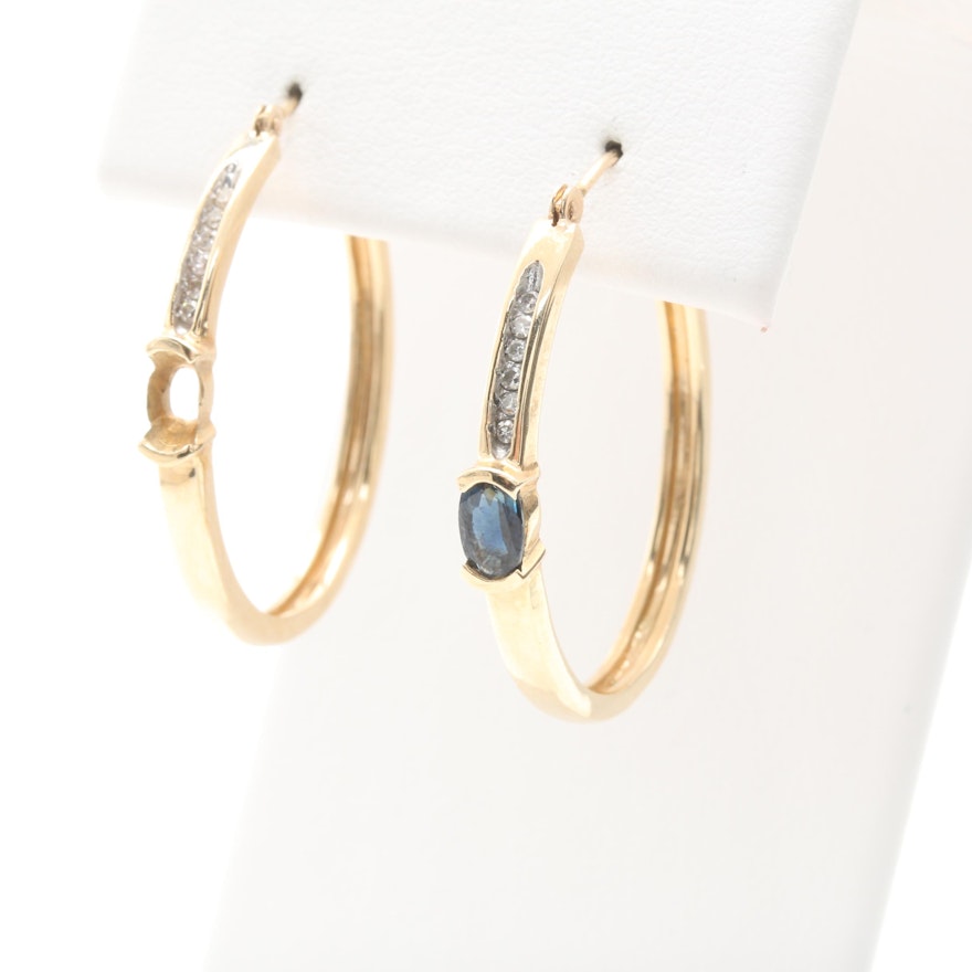 10K Yellow Gold Sapphire and Diamond Hoop Earrings