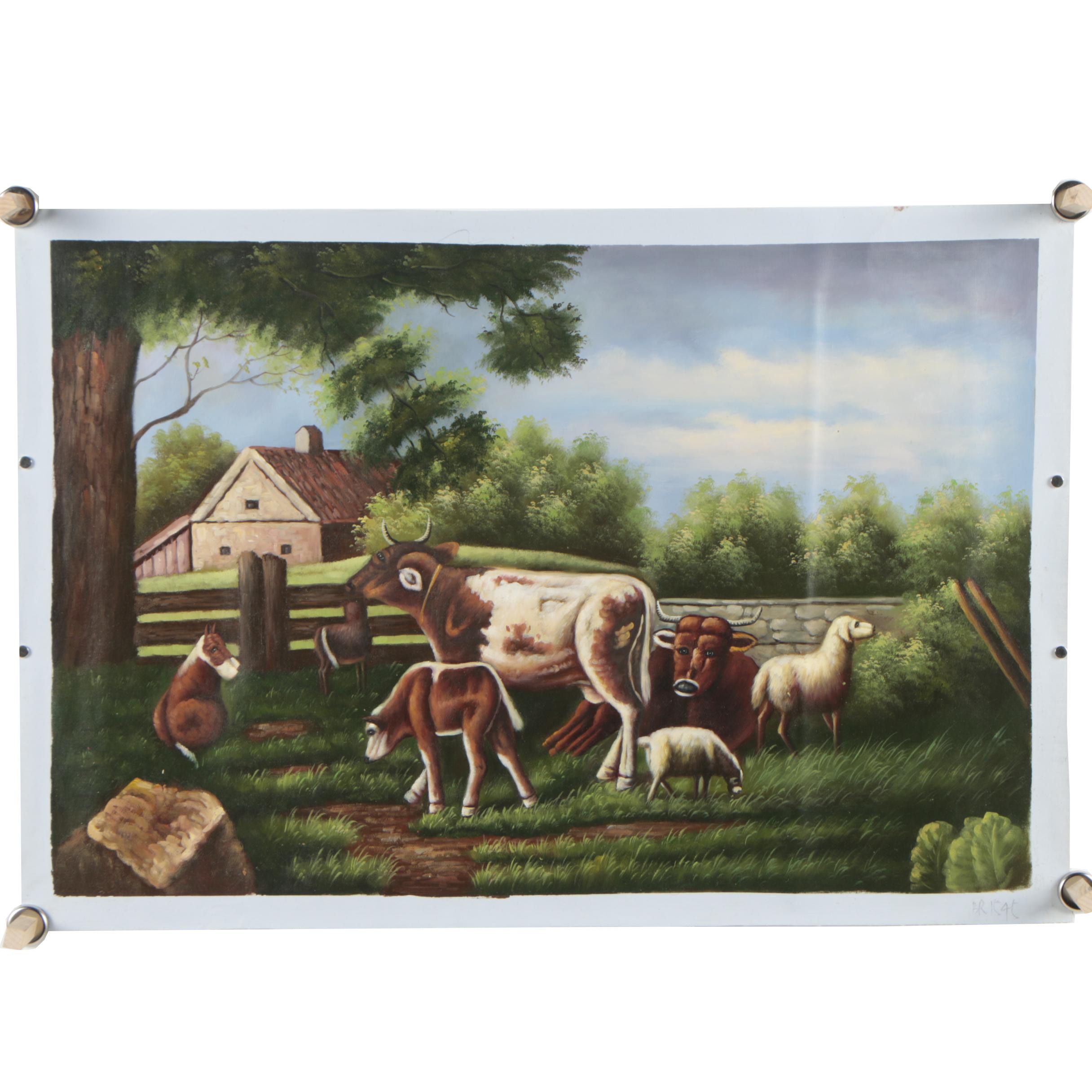 Oil on Canvas Pastoral Painting of Farm Animals