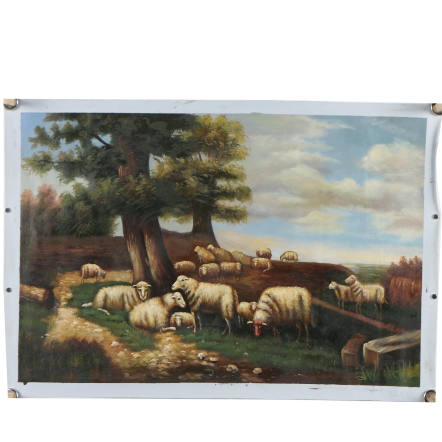 Oil on Canvas Painting of Pastoral Landscape with Sheep