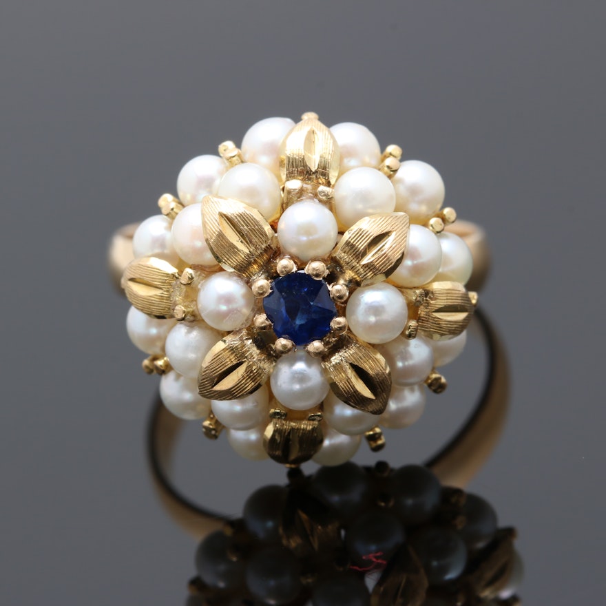 18K Yellow Gold Sapphire and Cultured Pearl Ring