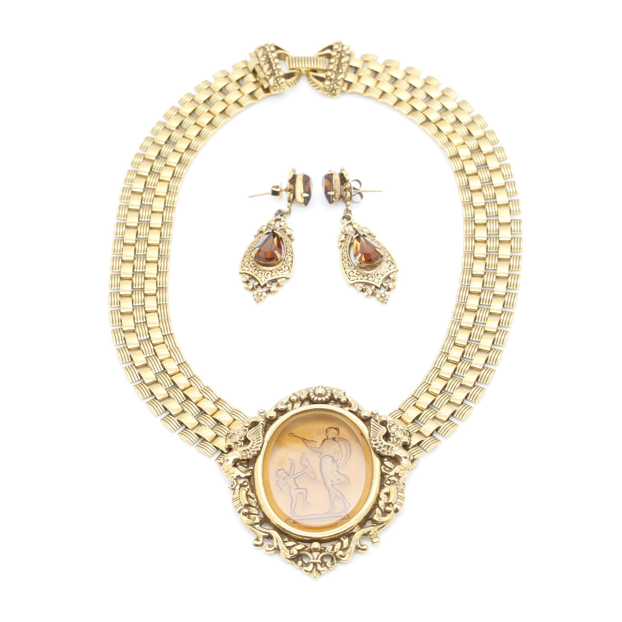 Goldette N.Y. Gold Toned Glass Etched Necklace with Dangle Earrings