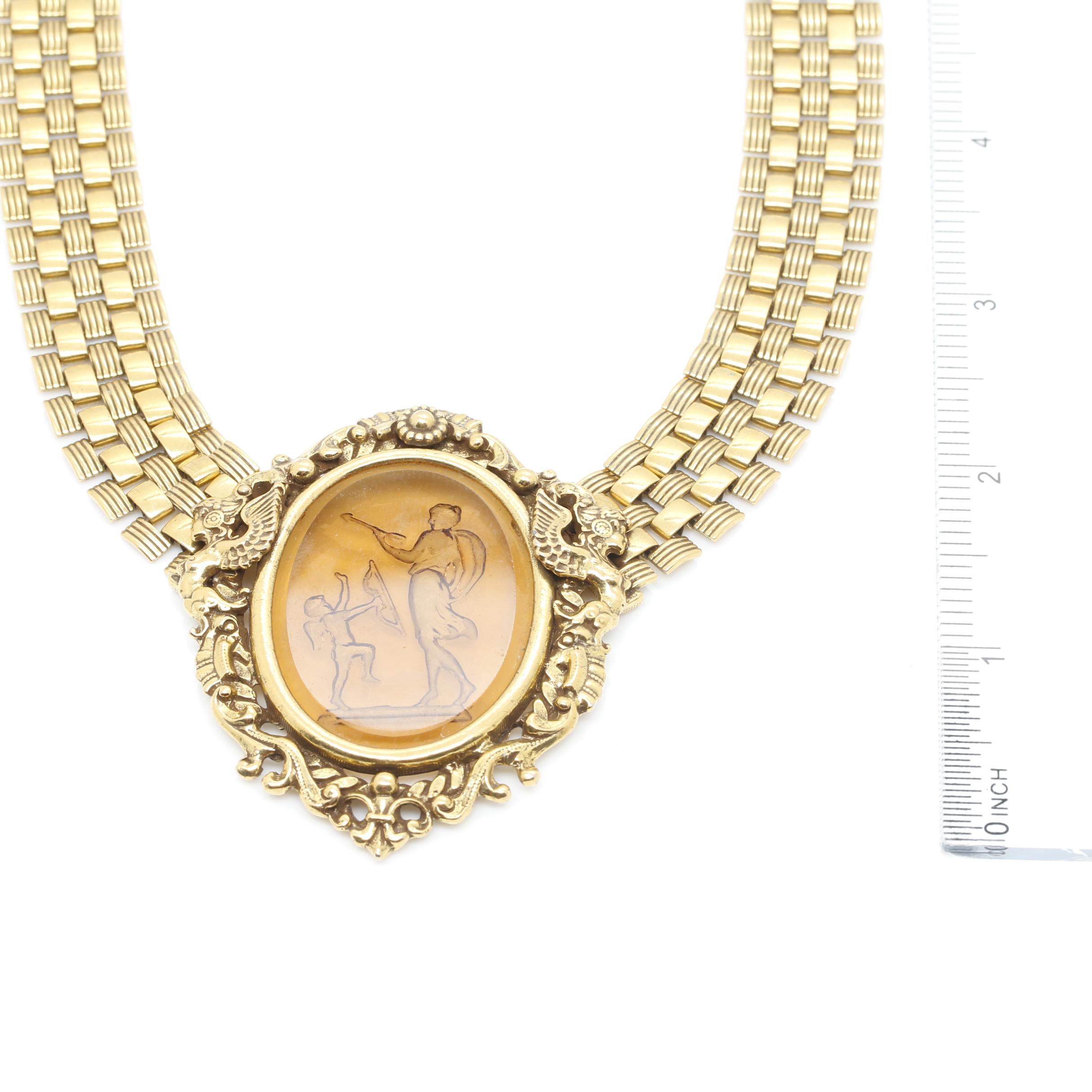 Goldette N.Y. Gold Toned Glass Etched Necklace with Dangle Earrings