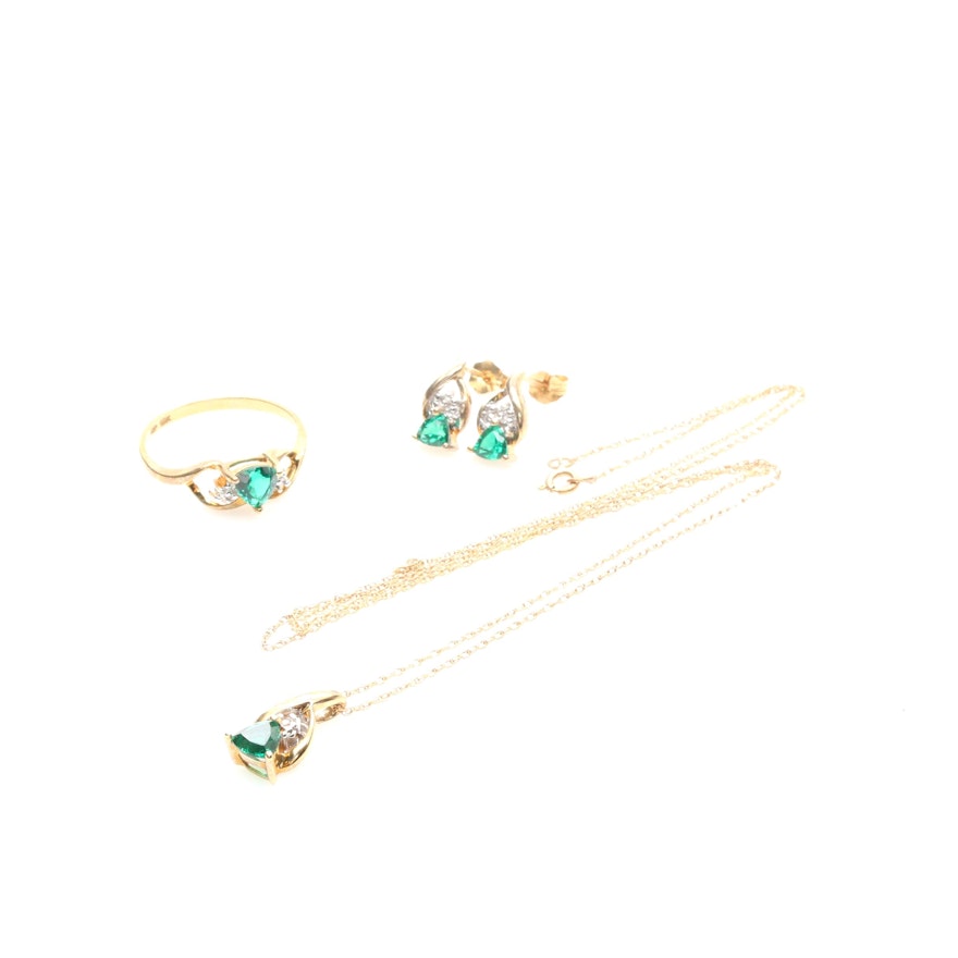 10K Yellow Gold Synthetic Emerald and Diamond Jewelry Suite
