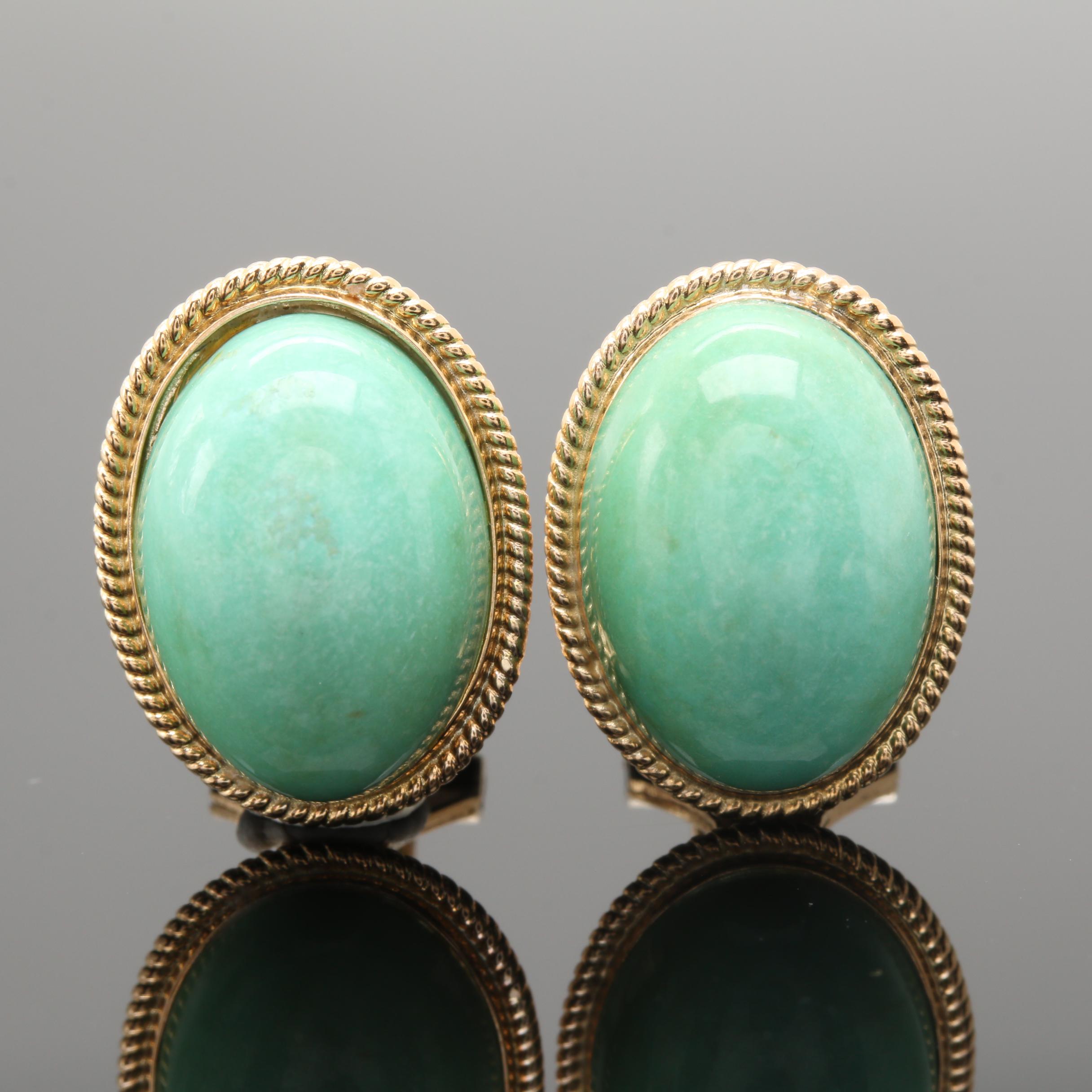 14K Yellow Gold Green Turquoise Omega Earrings