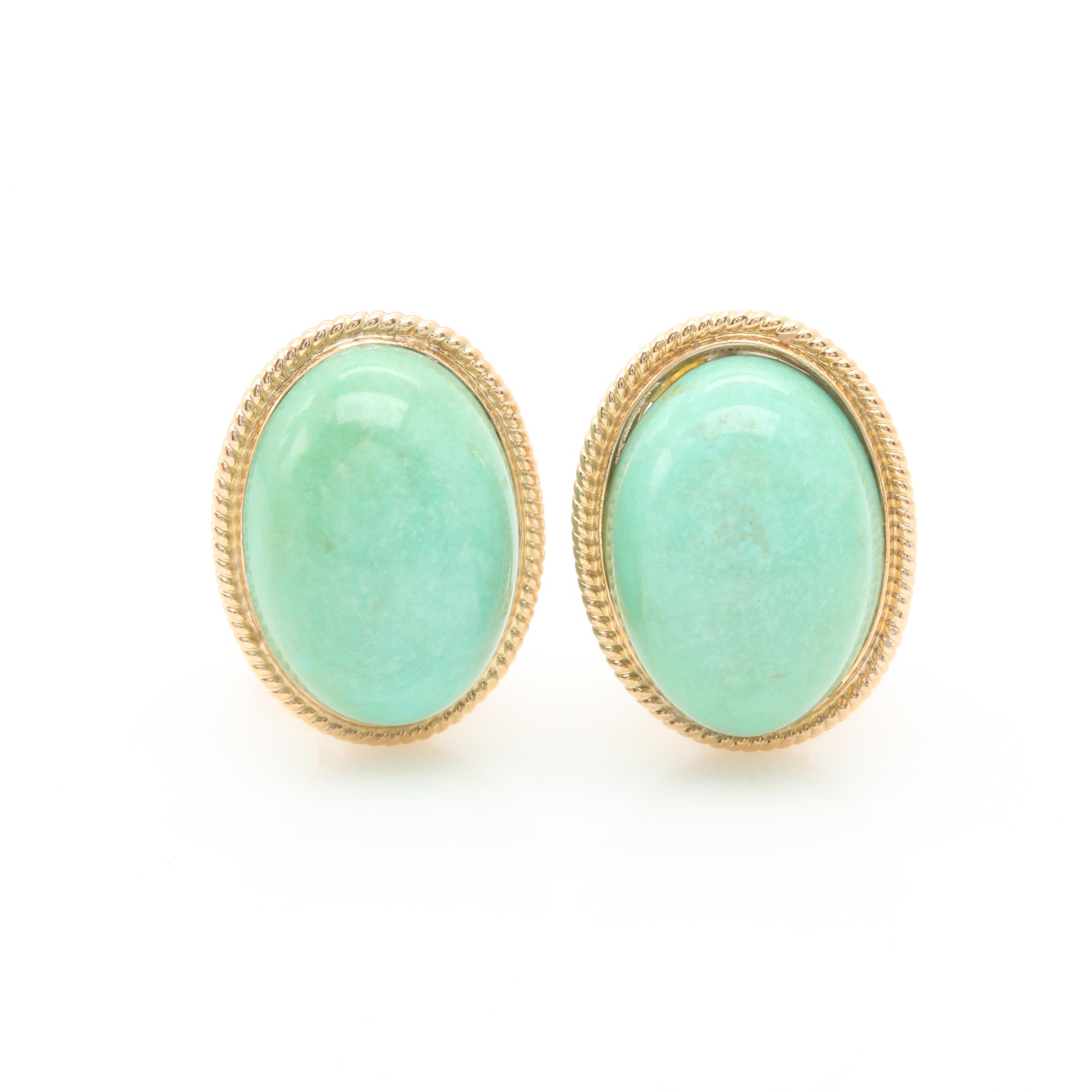 14K Yellow Gold Green Turquoise Omega Earrings