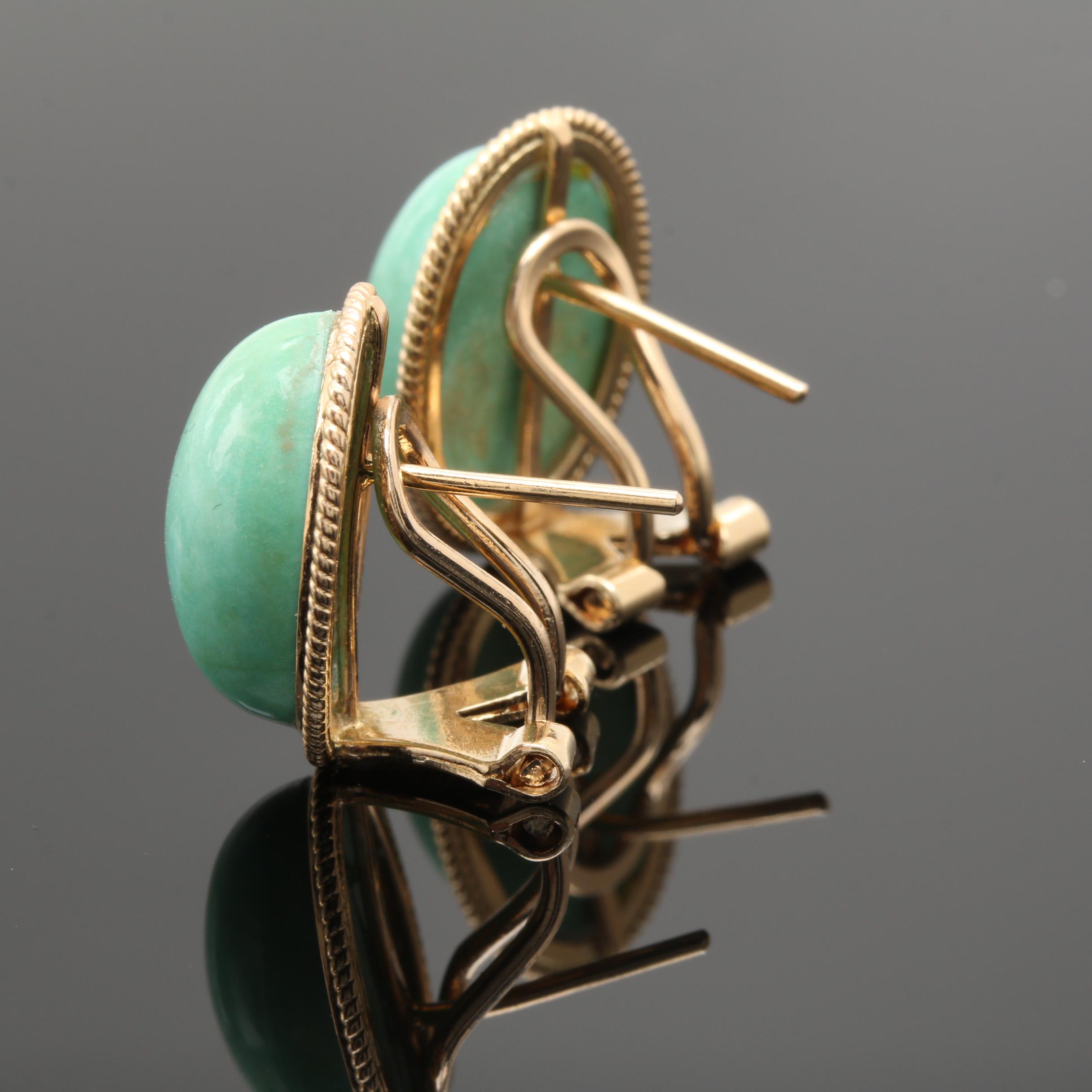 14K Yellow Gold Green Turquoise Omega Earrings