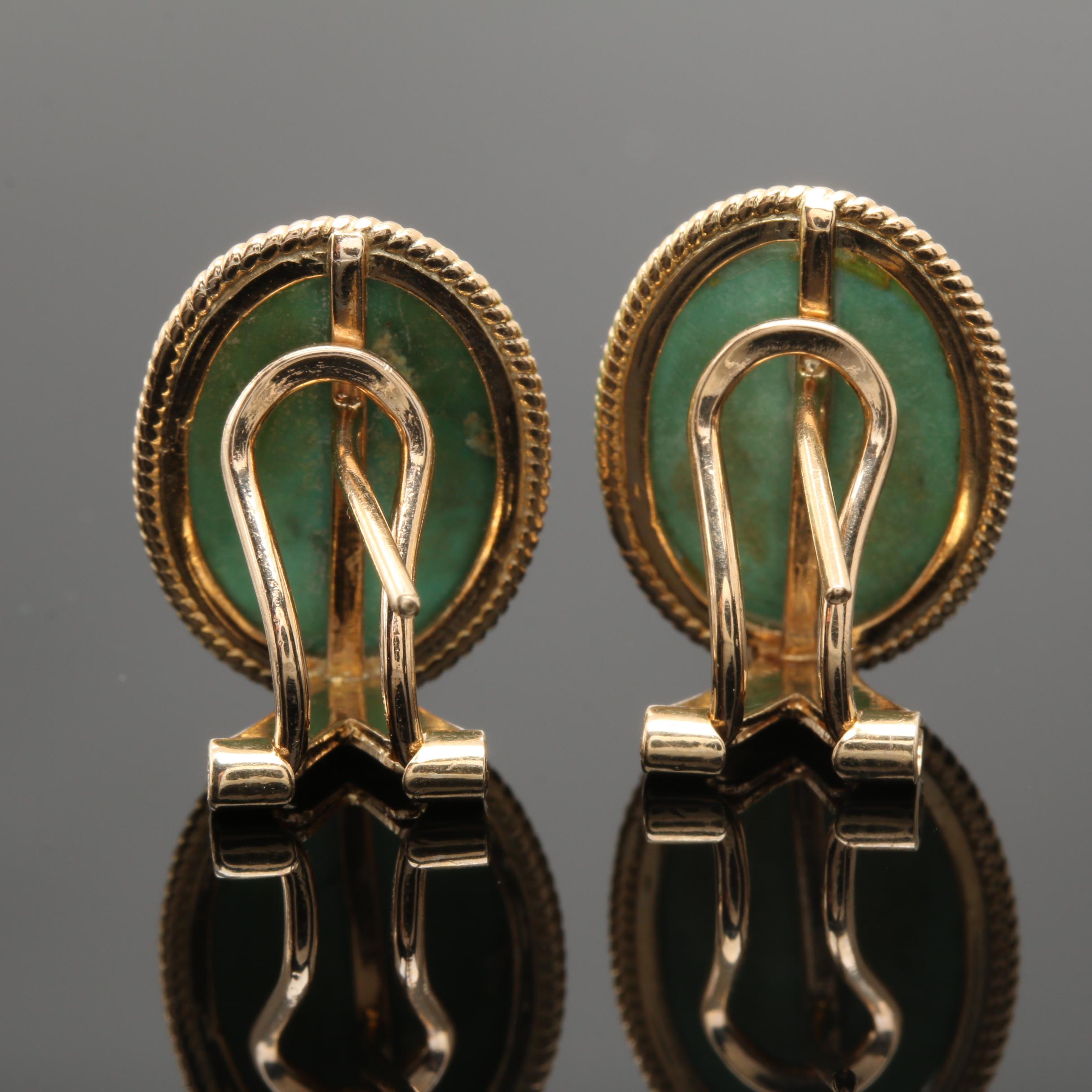 14K Yellow Gold Green Turquoise Omega Earrings