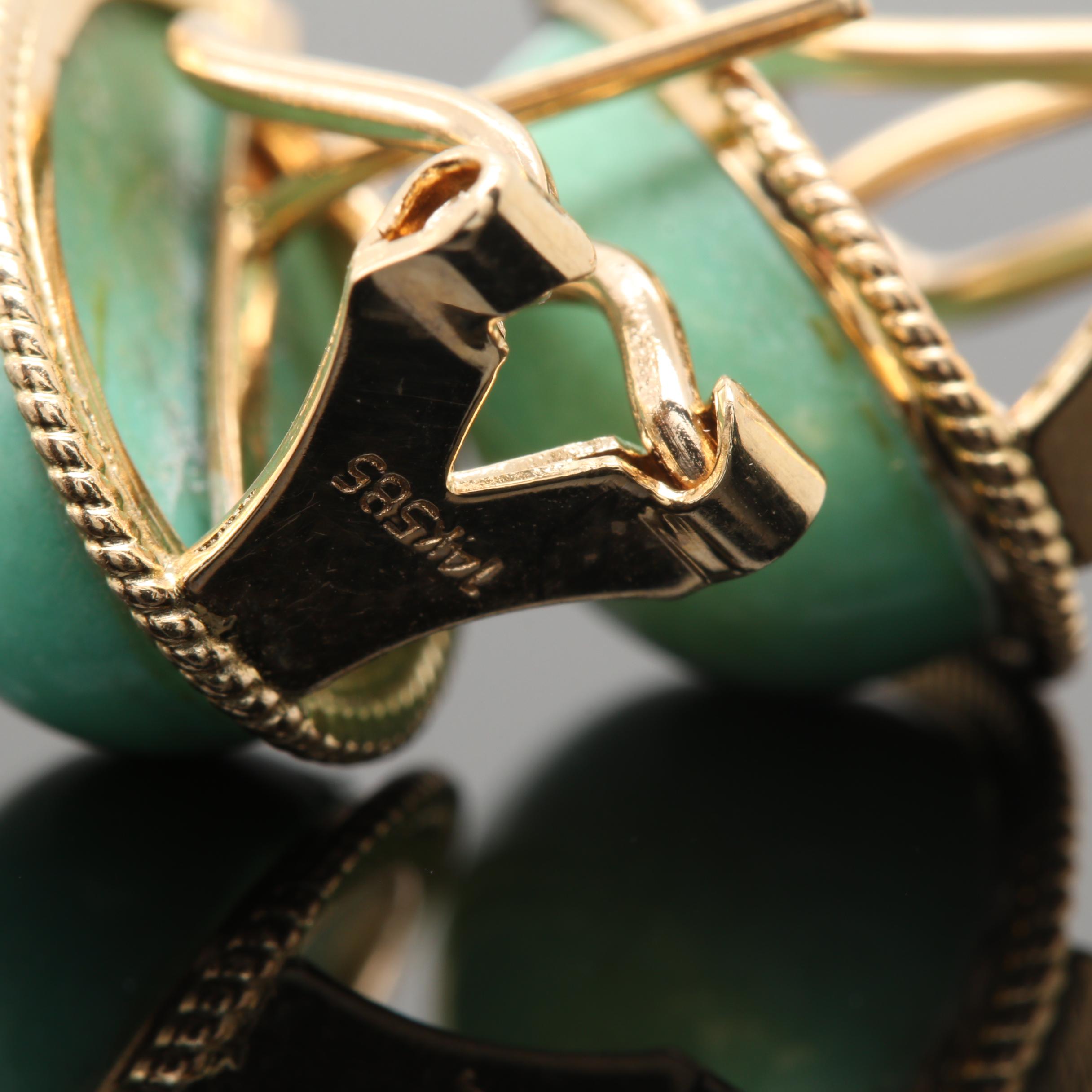 14K Yellow Gold Green Turquoise Omega Earrings