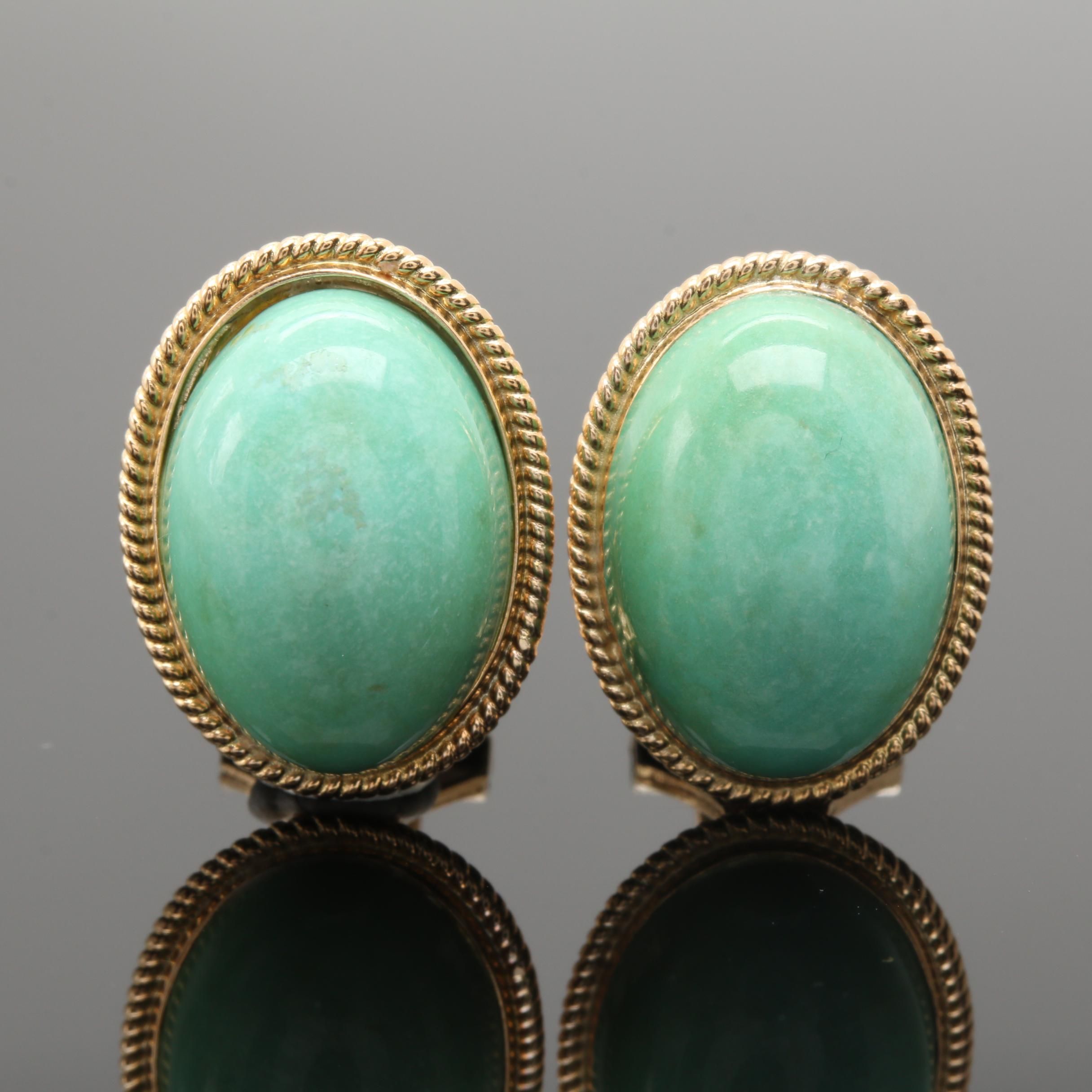 14K Yellow Gold Green Turquoise Omega Earrings