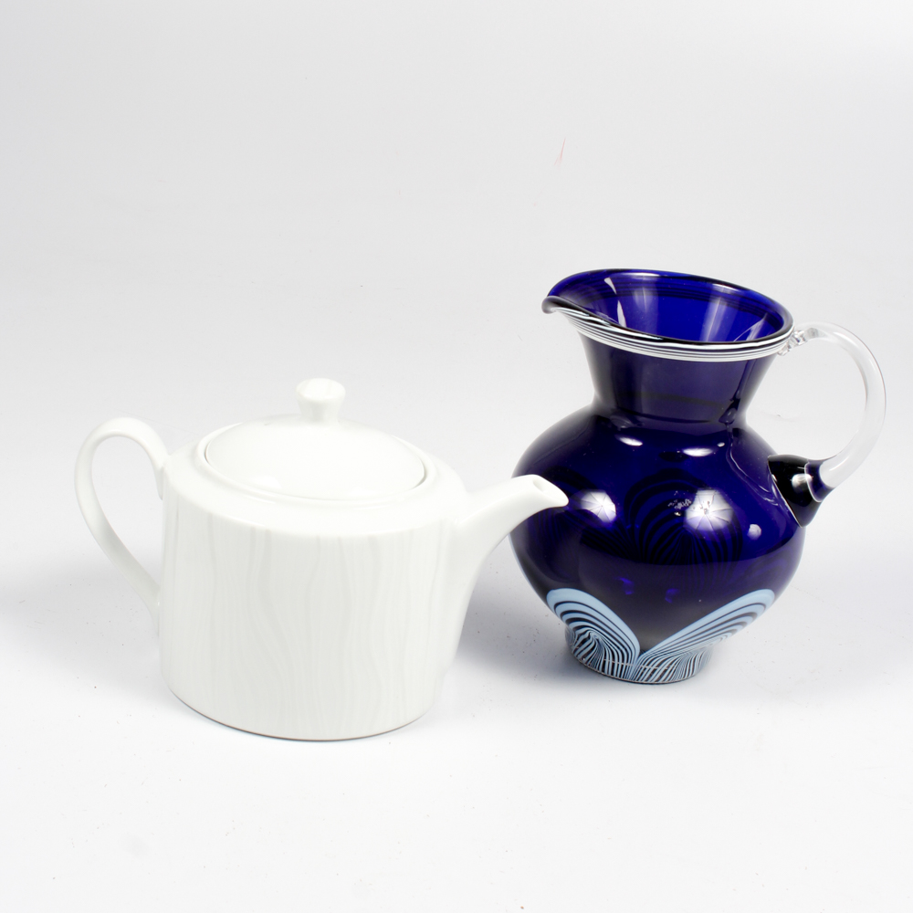 Royal Worcester "Mirage" Porcelain Teapot and Pulled Feather Art Glass Pitcher