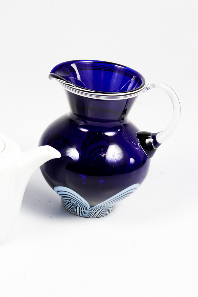 Royal Worcester "Mirage" Porcelain Teapot and Pulled Feather Art Glass Pitcher