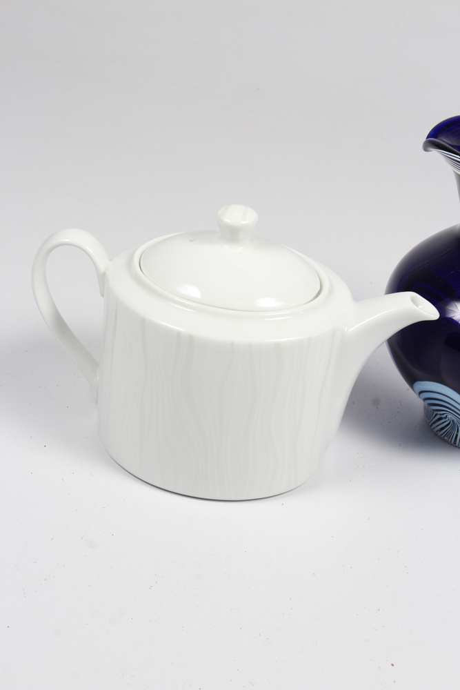 Royal Worcester "Mirage" Porcelain Teapot and Pulled Feather Art Glass Pitcher