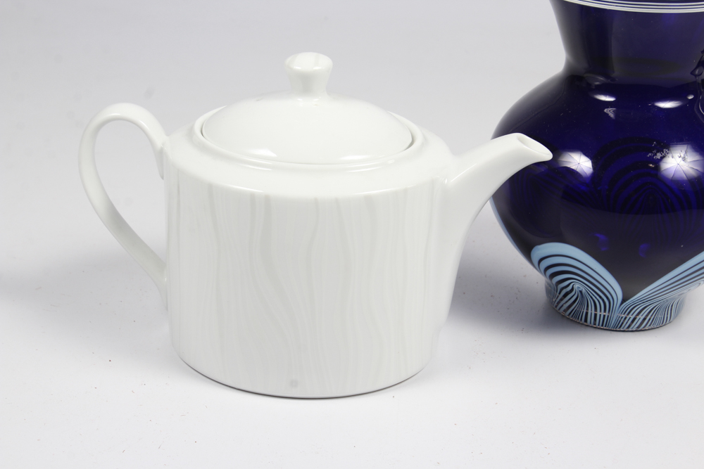 Royal Worcester "Mirage" Porcelain Teapot and Pulled Feather Art Glass Pitcher