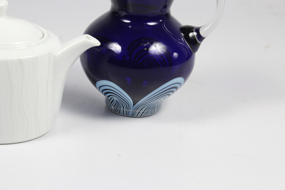 Royal Worcester "Mirage" Porcelain Teapot and Pulled Feather Art Glass Pitcher