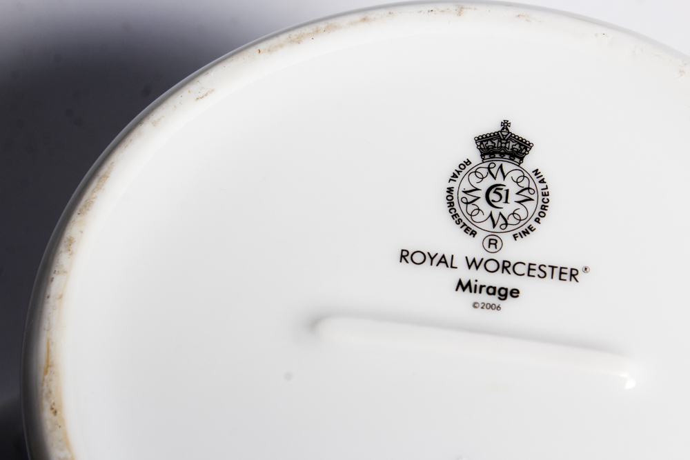 Royal Worcester "Mirage" Porcelain Teapot and Pulled Feather Art Glass Pitcher