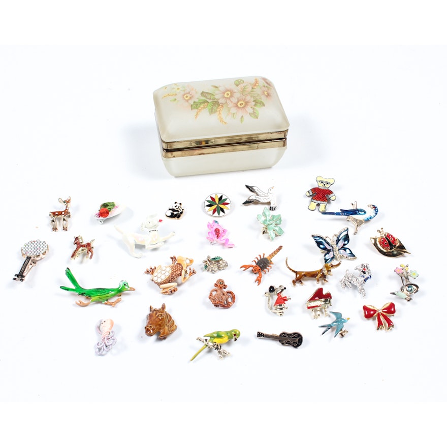 Glass Jewelry Box with Enamel Brooches